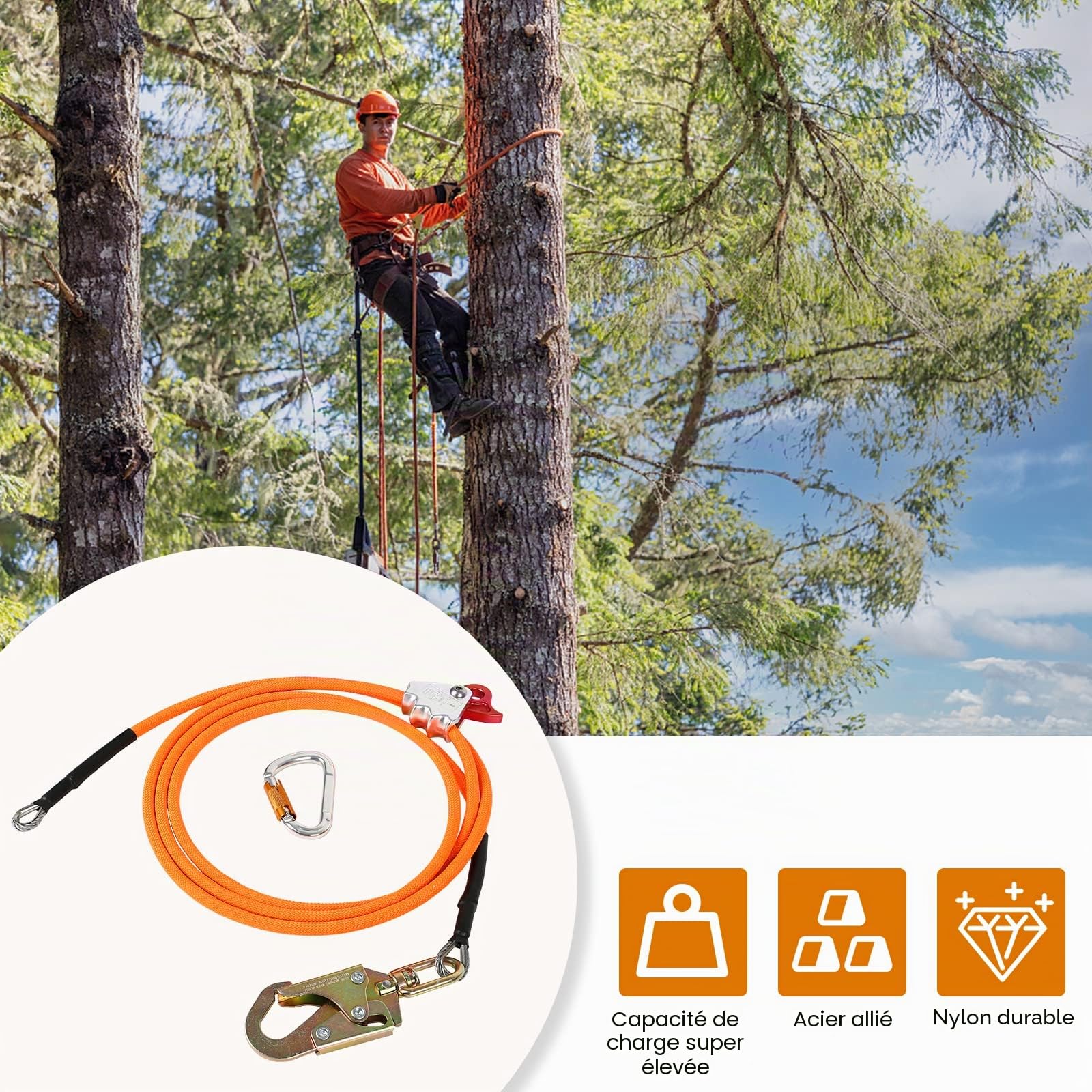 12 mm x 2,4/3 m/3,6 m - Cordon en acier avec mousqueton triple verrouillage - Cordon réglable - Faible étirement - Pour protection contre les chutes, arboriculteurs, grimpeurs d'arbre (12 mm x 3 m)