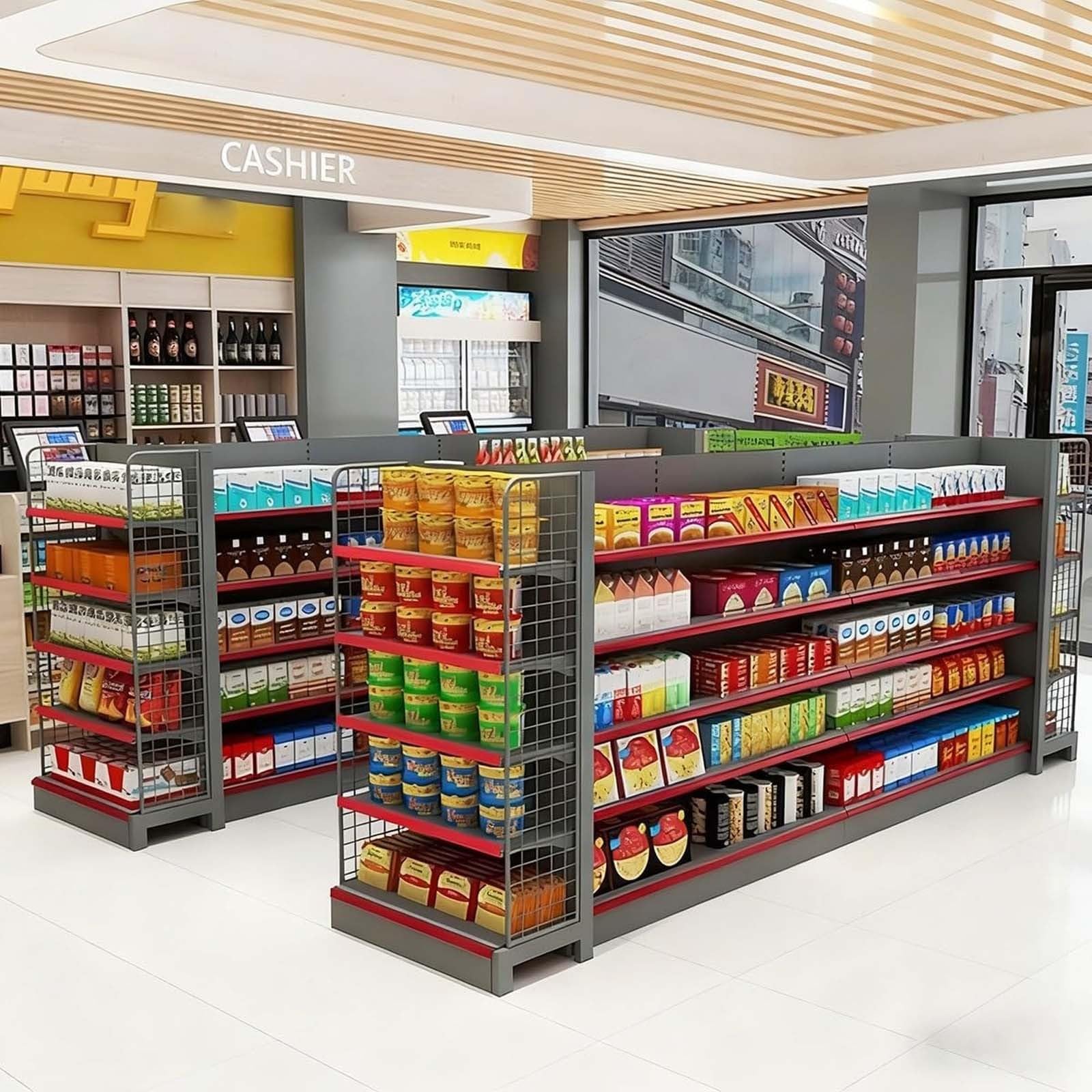Regulowany regał ścienny w supermarkecie, regał gondolowy do sprzedaży detalicznej, wytrzymałe, zajmujące niewiele miejsca i wszechstronne rozwiązanie do przechowywania materiałów biurowych w sklepach