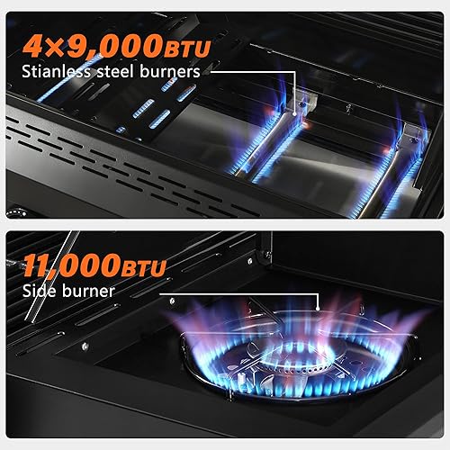 Miniatura 3 de Parrilla de gas propano 4+1, barbacoa al aire libre de 47,000 BTU con rejillas de hierro fundido esmaltado y mesas auxiliares, portátil para patio