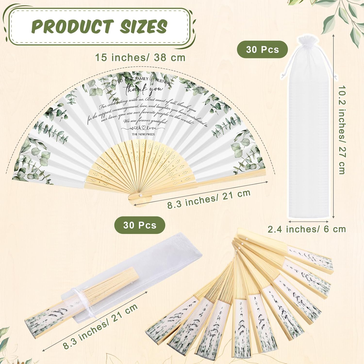 Menkxi 30 Pcs Wedding Favors for Guests Bulk Silk Folding Bamboo Hand Fan with Organza Bags Large Hand Held Fans Thank You Gifts for Classy Bridal Shower Decoration Souvenirs(Greenery)