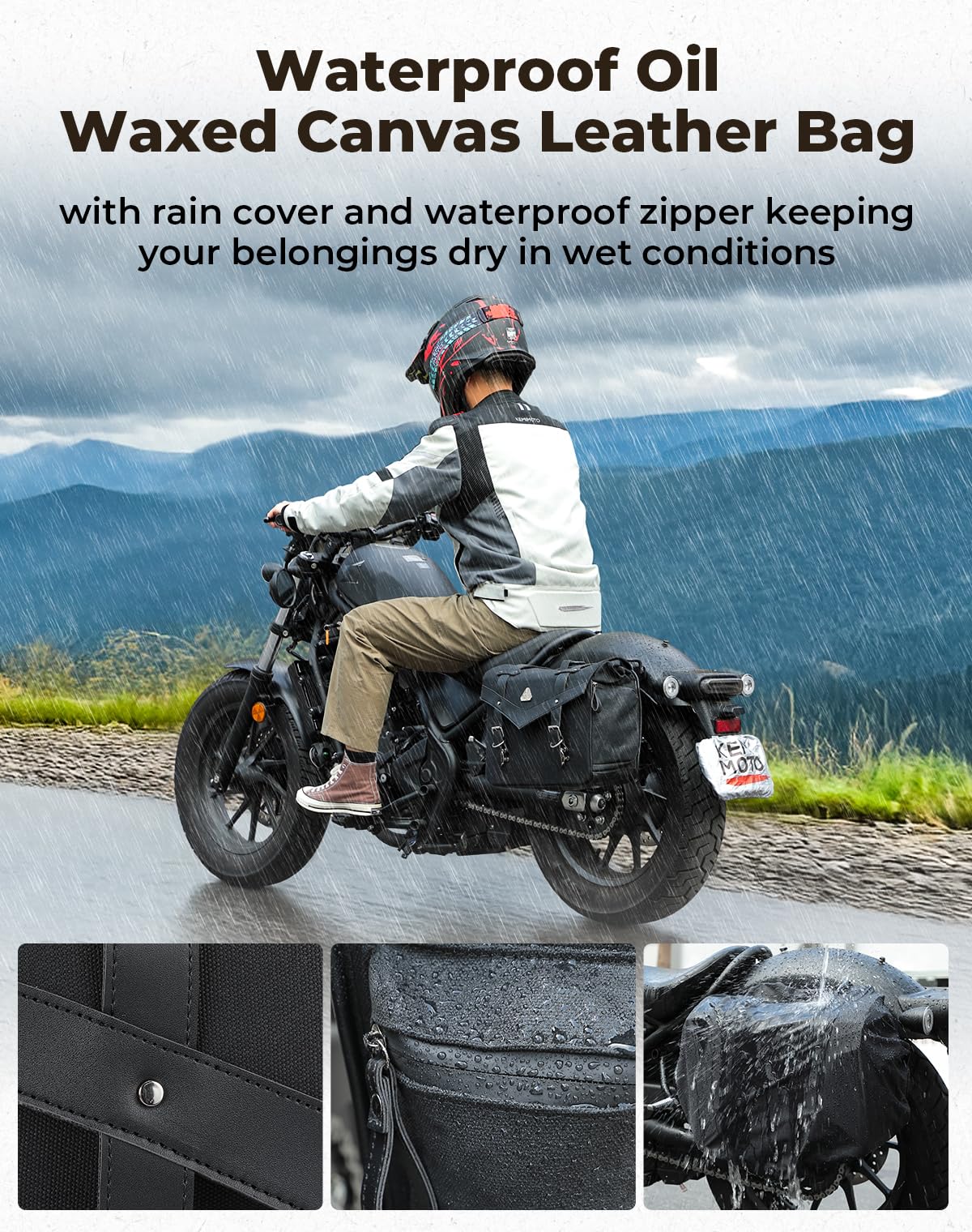 KEMIMOTO Borsa Posteriore Moto, 15L Borsa Laterale Moto Universale in Tela Cerata e Pelle, Borse Sella Impermeabile Compatibile con Softail Dyna Sportster Cruiser