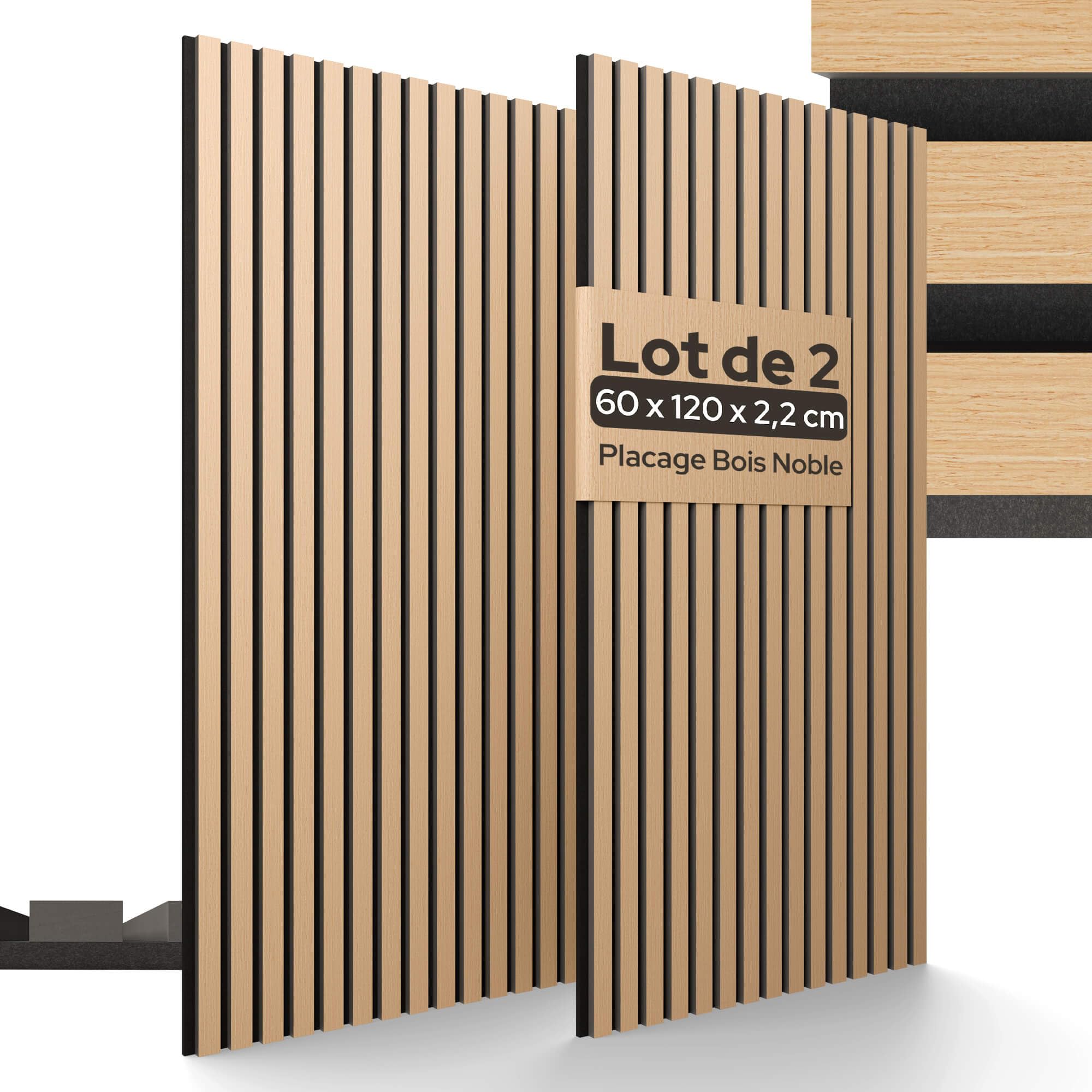 Arebos Lot de 2 Panneaux Acoustiques 120×60 cm | Panneaux Muraux à Lattes Aspect Bois pour Mur & Plafond | Haute Absorption Acoustique | Installation Facile & Découpable