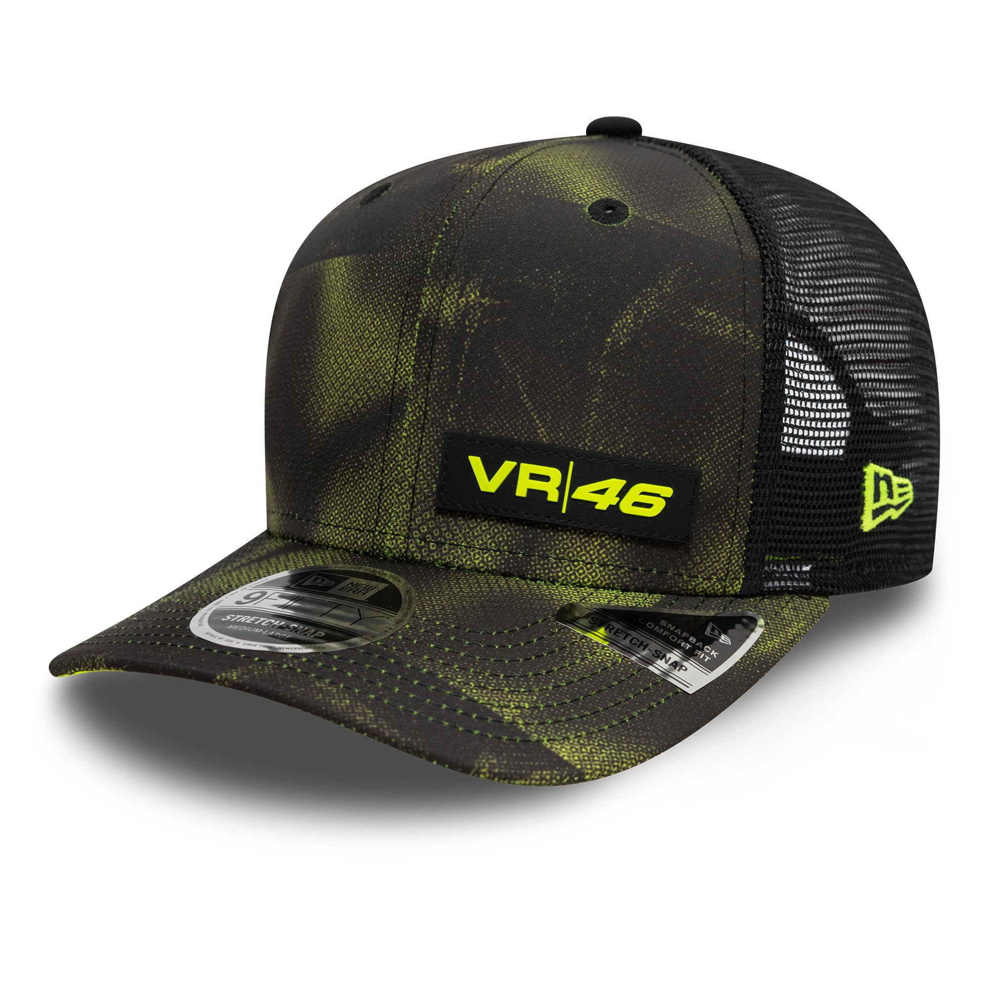 New Era VR46, Valentino Rossi, 9FIFTY Trucker Cap, Halftone Camo Print, Black/Neon Yellow, Adjustable (UK, Alpha, S, M, Black)