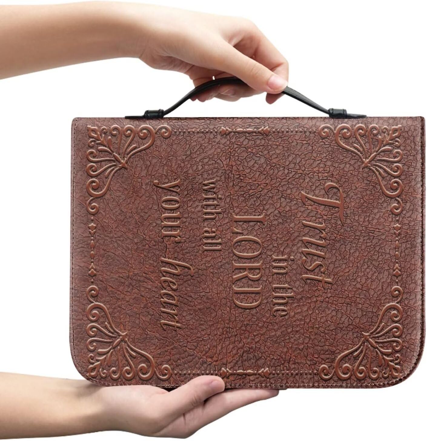 Bible Word Print Bible Case Leather Bible Cover Purse for Women, Church Tote Bag with Durable Handle and Smooth Zipper, Bible Study Supplies Book Pens Organizer