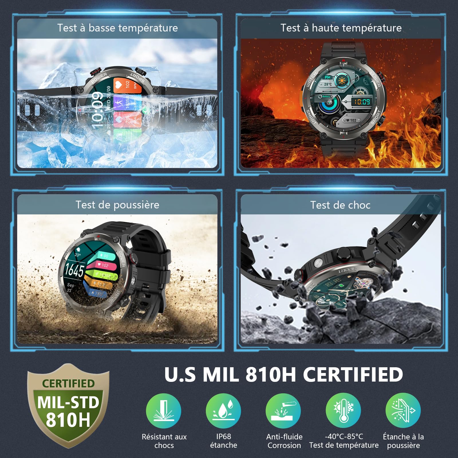 Montre Connectée Homme, Militaire Smartwatch Appels Bluetooth, Torche LED, Batterie 960mAh, 1.45'' HD, Fréquence Cardiaque, Sommeil, SpO2,120+ Modes Sportifs, Étanche IP68, 2 Sangles, Android iOS