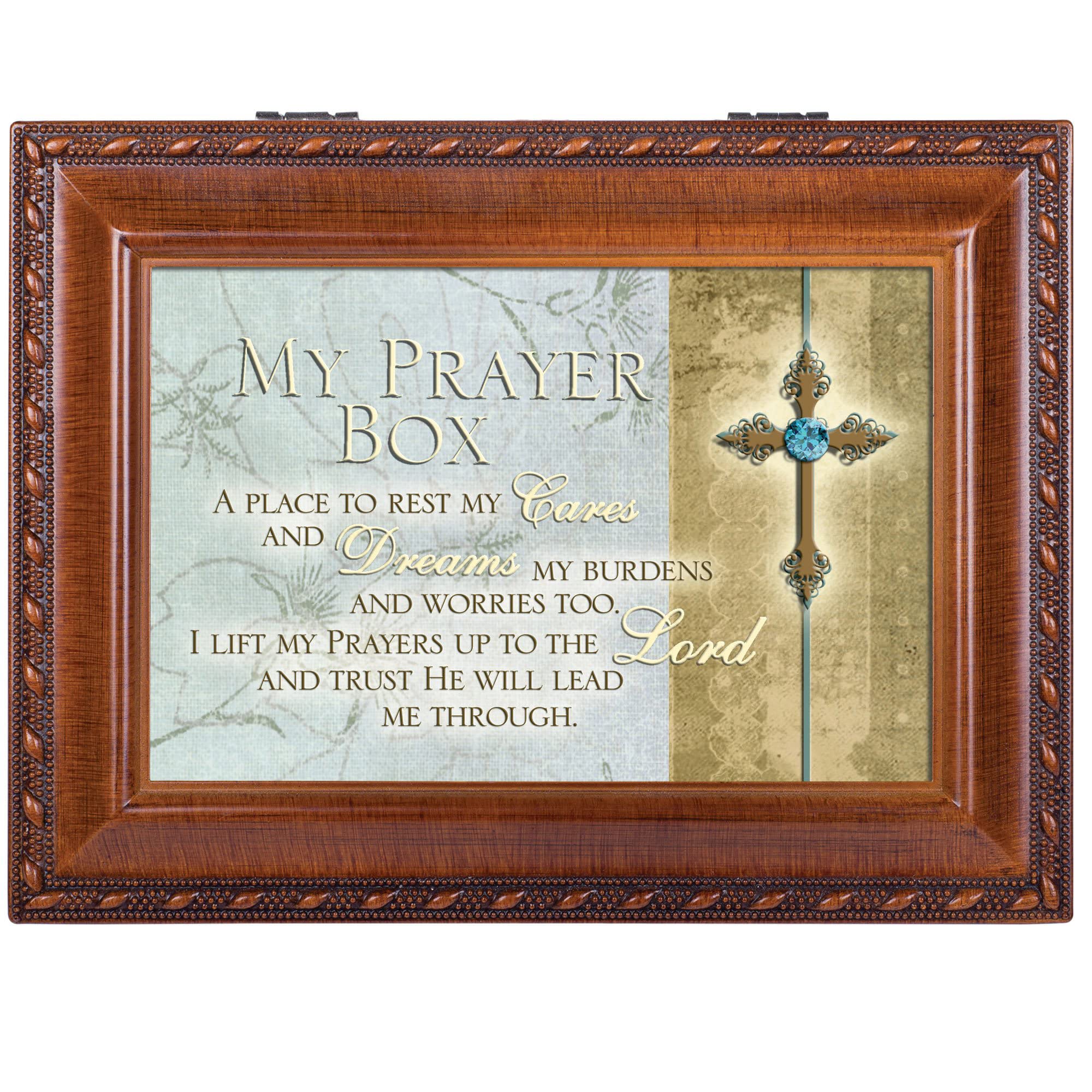 Cottage Garden My Prayer Box Place to Rest Cares Woodgrain Rope Trim Jewelry Music Box Plays Friend in Jesus