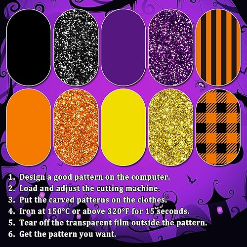 Miniatura 3 de Whaline 14 hojas de vinilo de transferencia de calor de Halloween con purpurina negro, naranja, morado, amarillo, a cuadros, vinilo