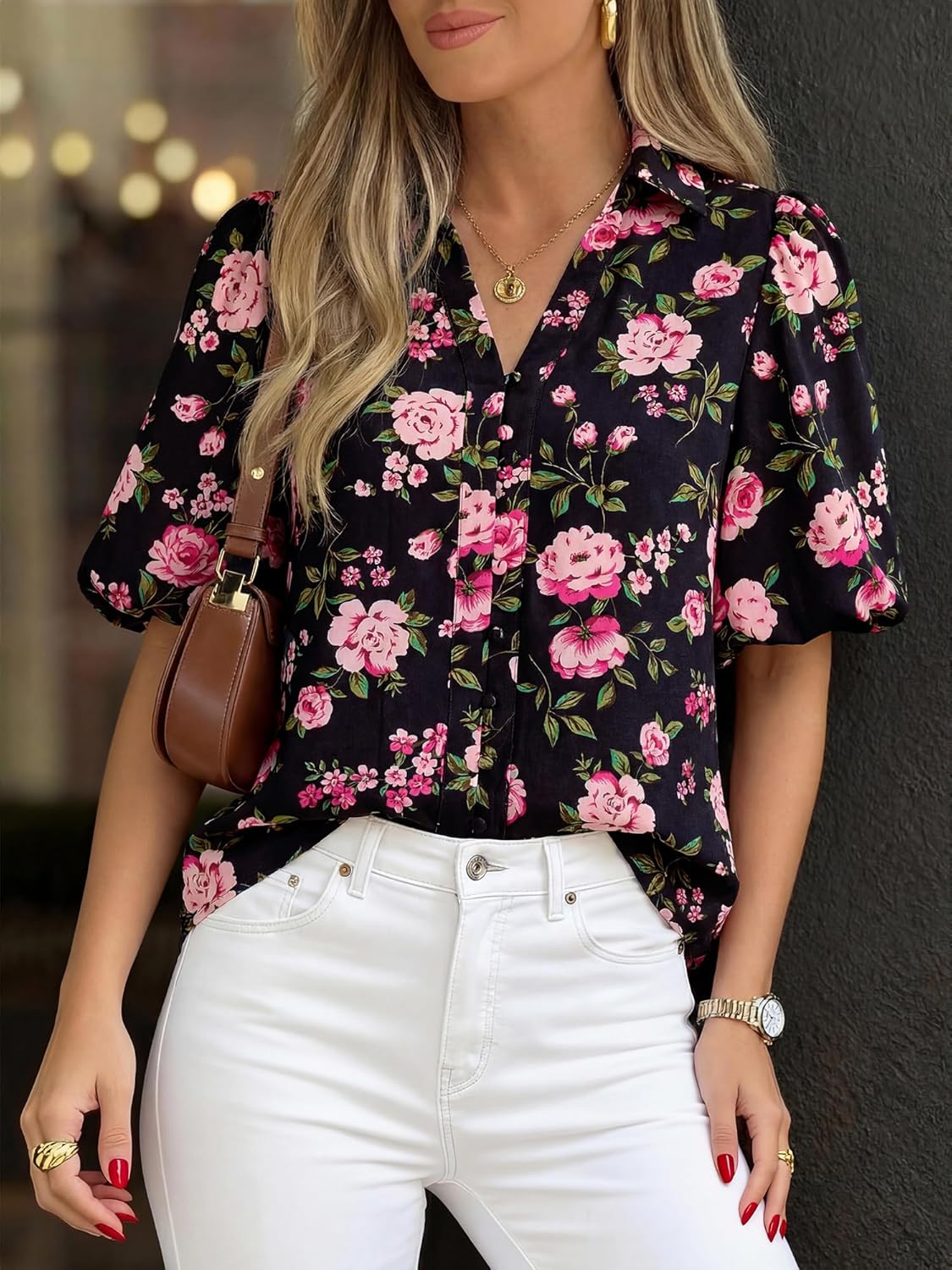 BTFBM Womens Tops Summer Button Down Shirts Casual Short Sleeve V Neck Floral Boho Business Blouses Vacation Outfits - Image 2