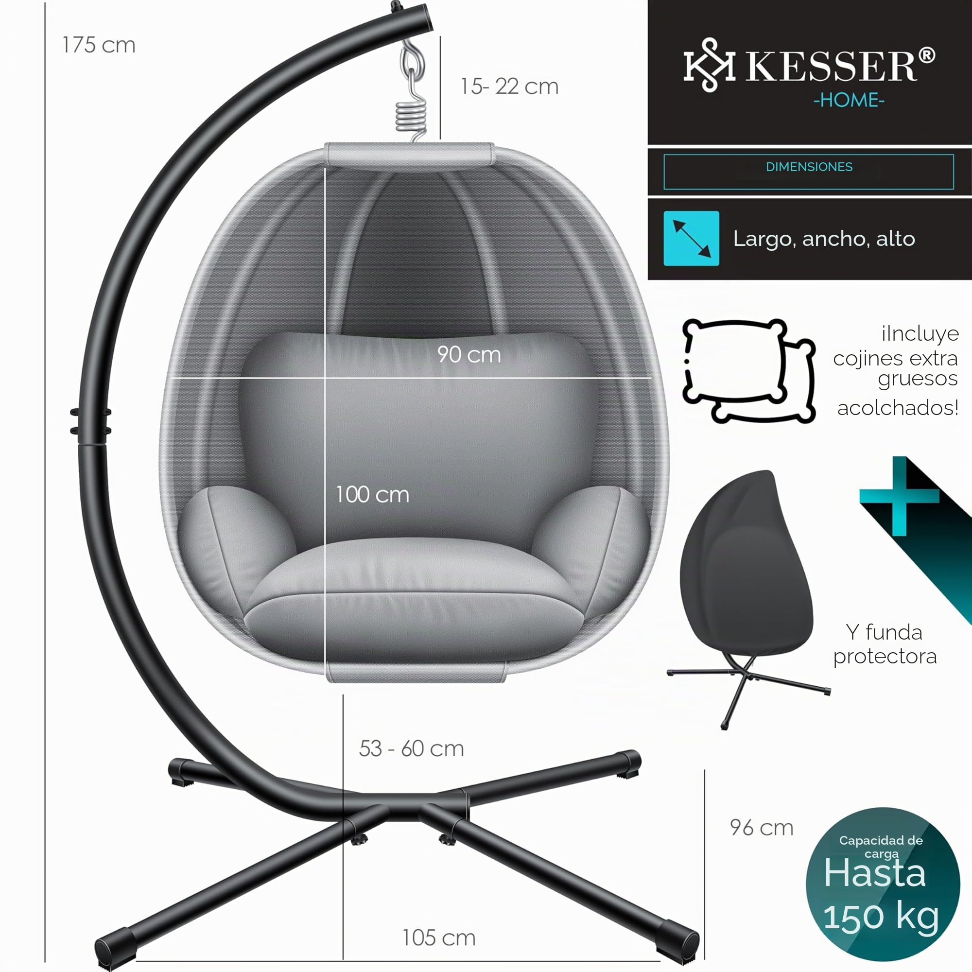 KESSER® Silla Colgante de Lujo con Marco + cojín de Asiento Suave, cojín Lateral, cojín de Asiento y Respaldo Cesta, Colgante para Interior y Exterior, Cesta Colgante de jardín, Peso máx. 150 kg