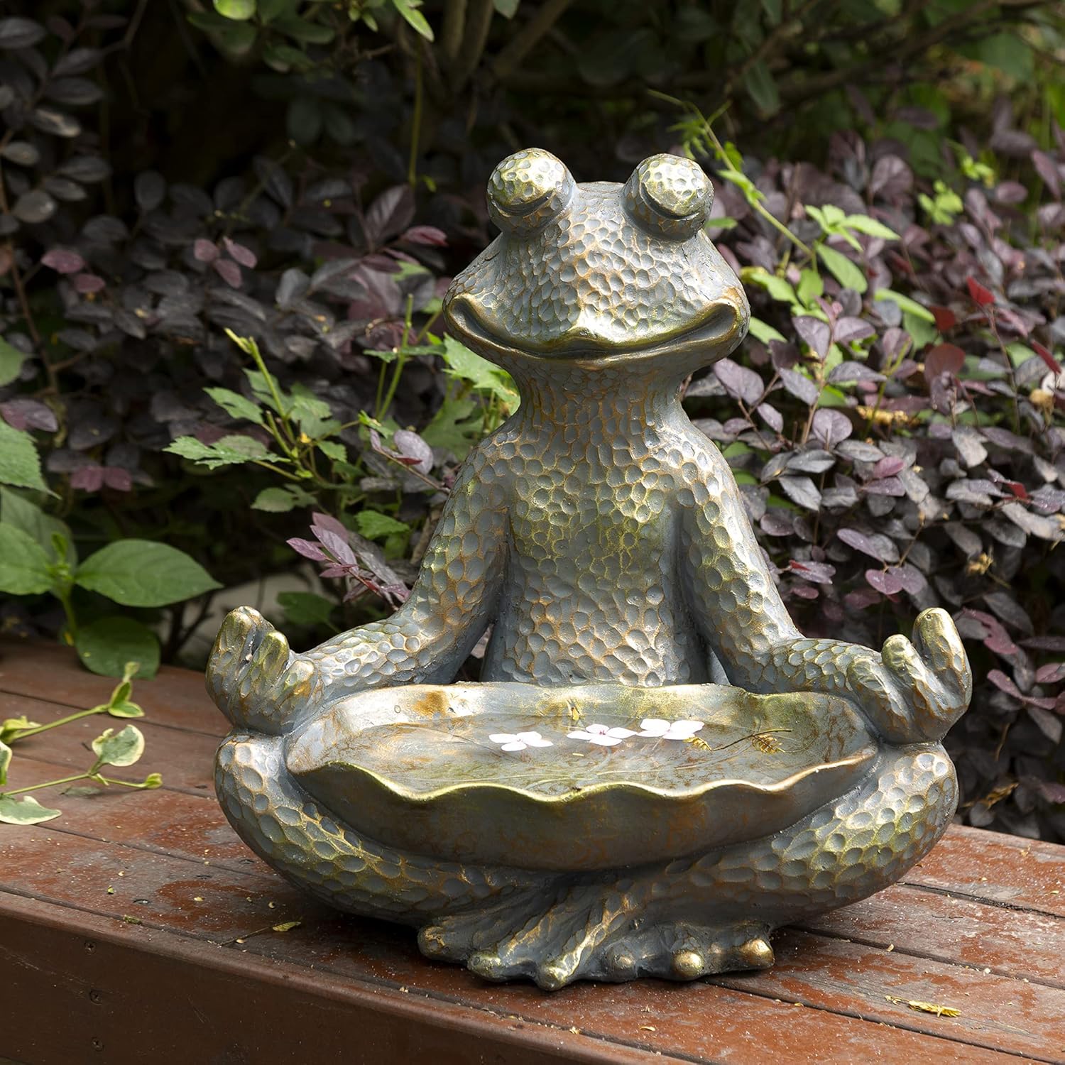 Glitzhome Meditating Yoga Frog Outdoor Statue Garden Sculpture Decor with Birdbath, 14.25" H, Bronze