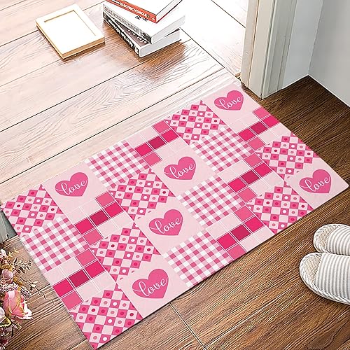 Tapete de baño de bienvenida para el día de San Valentín, color rosa, antideslizante, para interiores y exteriores, entrada, a cuadros,
