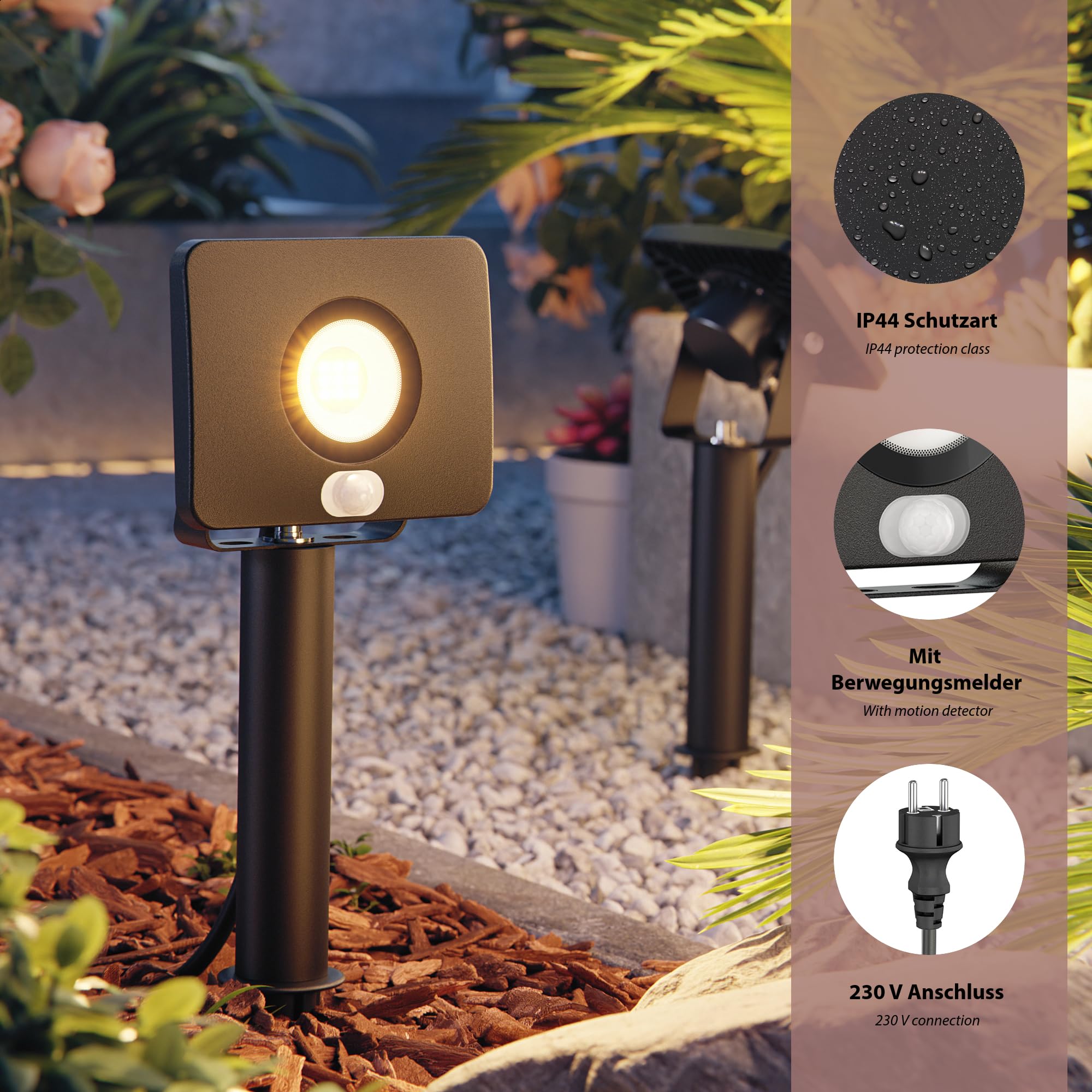 ledscom.de Projecteur de jardin LED Wega avec piquet de terre et socle de 15cm pour l'extérieur avec détecteur de mouvement, noir, 10,837W, 944lm, blanc chaud