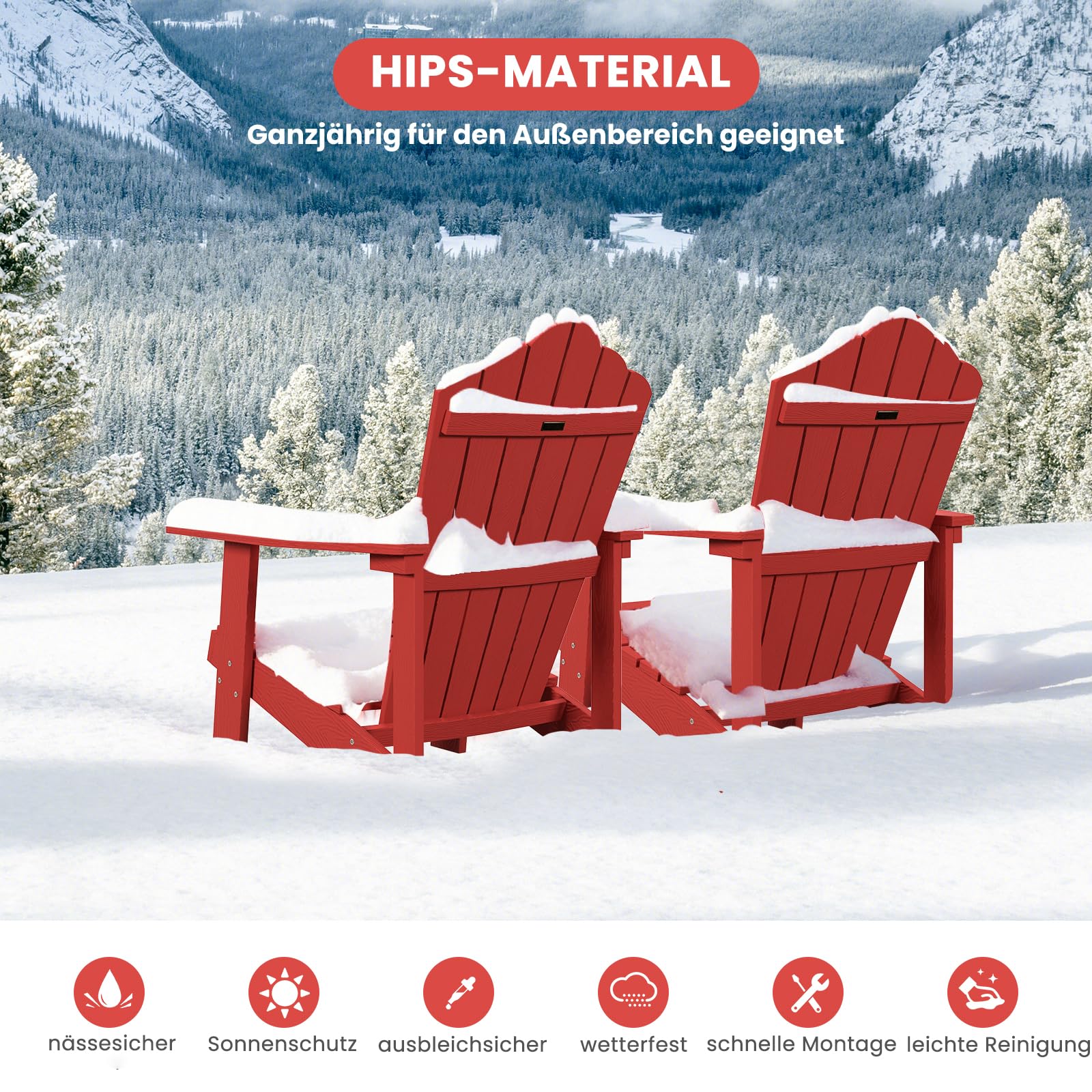 GOPLUS Adirondack Stuhl, Gartenstuhl ergonomisch mit Armlehnen, Hochlehner & Getränkehalter, Outdoor Stuhl wetterfest bis 150kg belastbar für Garten Hof Terrasse Balkon (Rot)