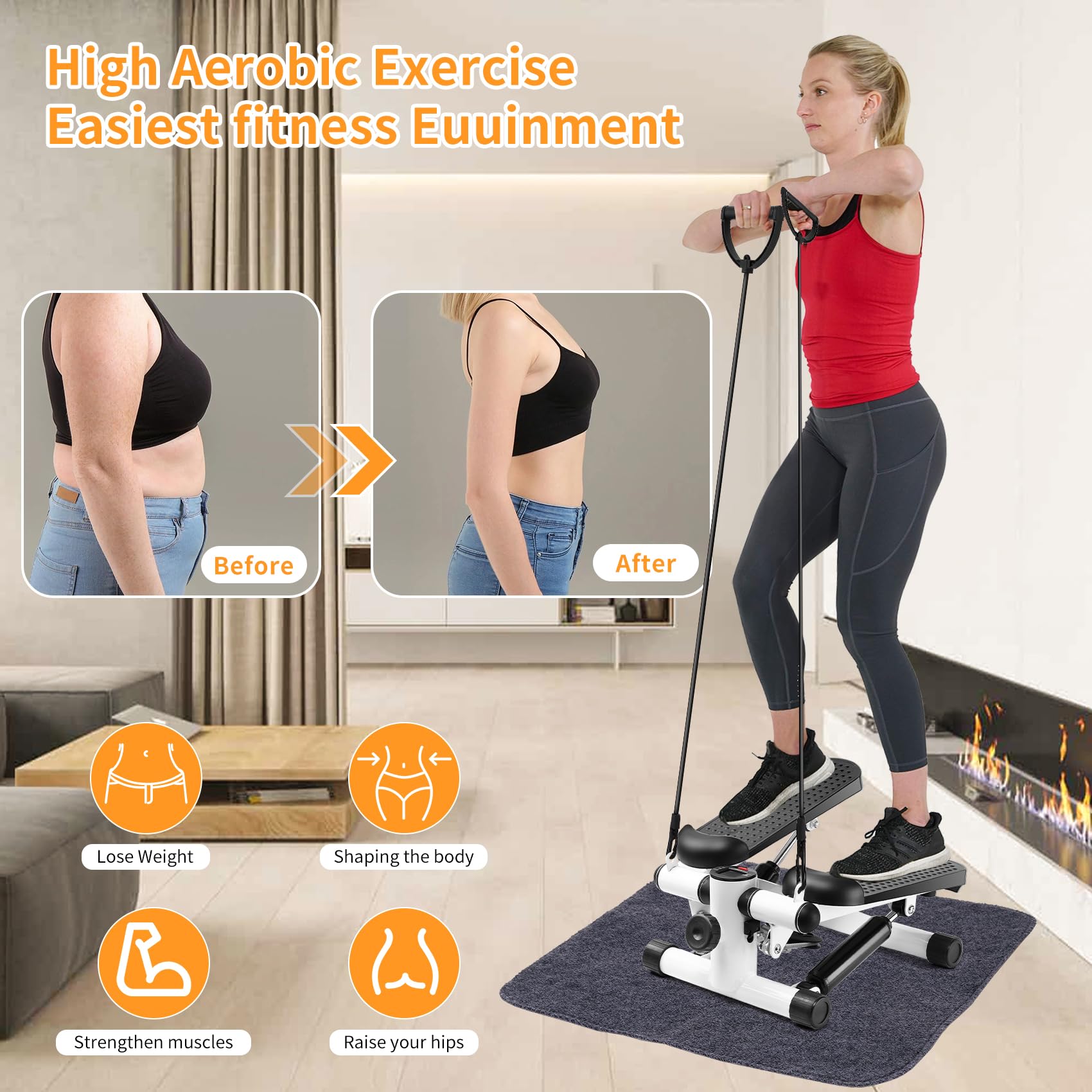 Stepper per esercizi a casa, mini stepper con fasce di resistenza e scaletta portatile, esercizio di modellamento del fitness, carico massimo 120 kg, step per allenamento con monitor LCD