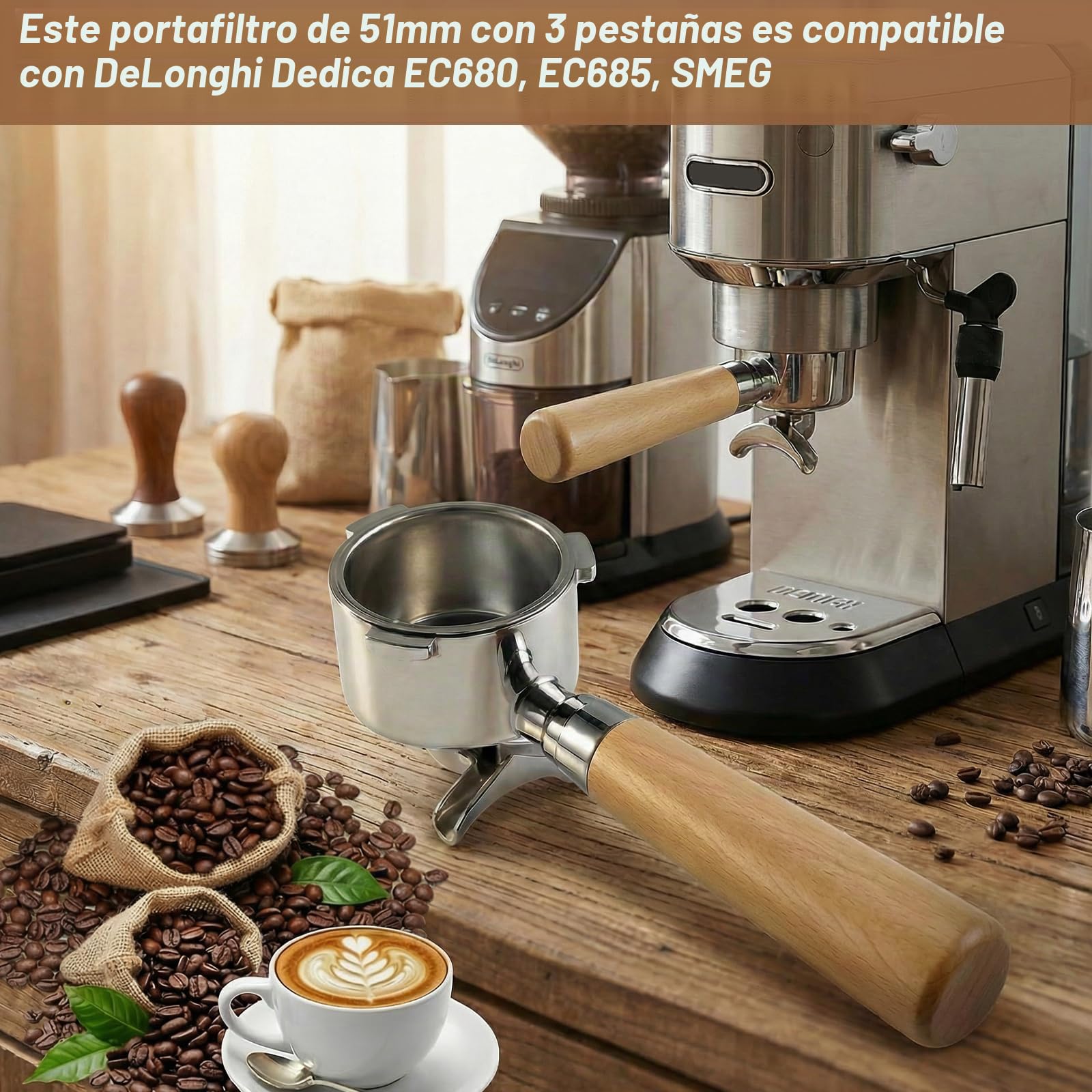 Portafiltros 51mm para DeLonghi Dedica EC680 EC685 y Smeg, portafiltro de acero inoxidable con mango ergonómico de madera premium, doble salida, diseño de 3 orejas, portafiltro de espresso, incluye