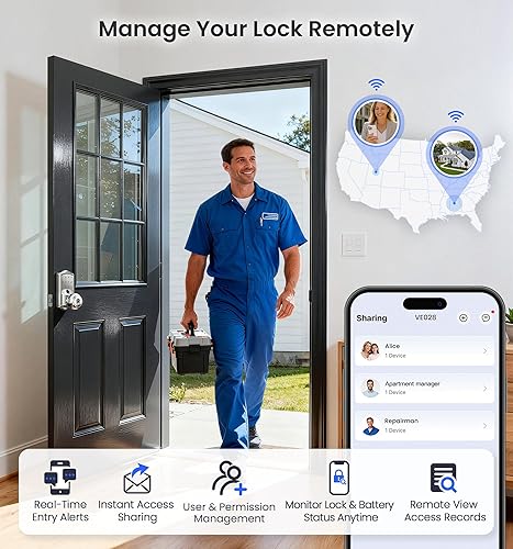 Miniatura 3 de Veise VE028 - Cerradura inteligente Wi-Fi integrada con perilla, entrada sin llave de huellas dactilares con asa, control remoto de aplicación y