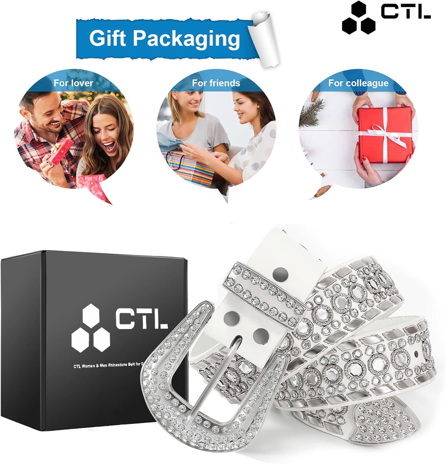 CTL Rhinestone BB Western Belt for Women & Men Cowboy & Cowgirl - Leather Studded Belt for Jeans, Dress & More