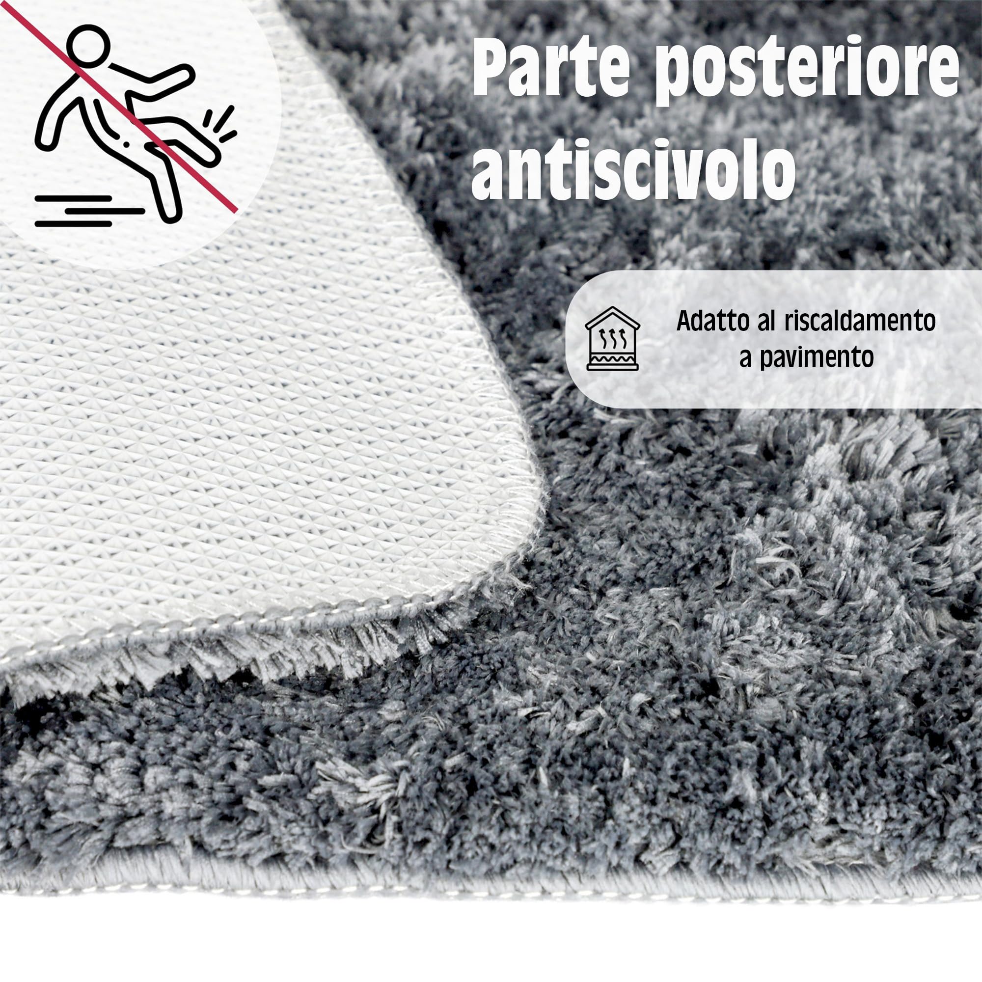 Tappeto bagno rotondo Ø 56 cm, microfibra shaggy a pelo lungo, grigio, antiscivolo e assorbente, lavabile in lavatrice 30°C e asciugabile a bassa temperatura, adatto a riscaldamento a pavimento