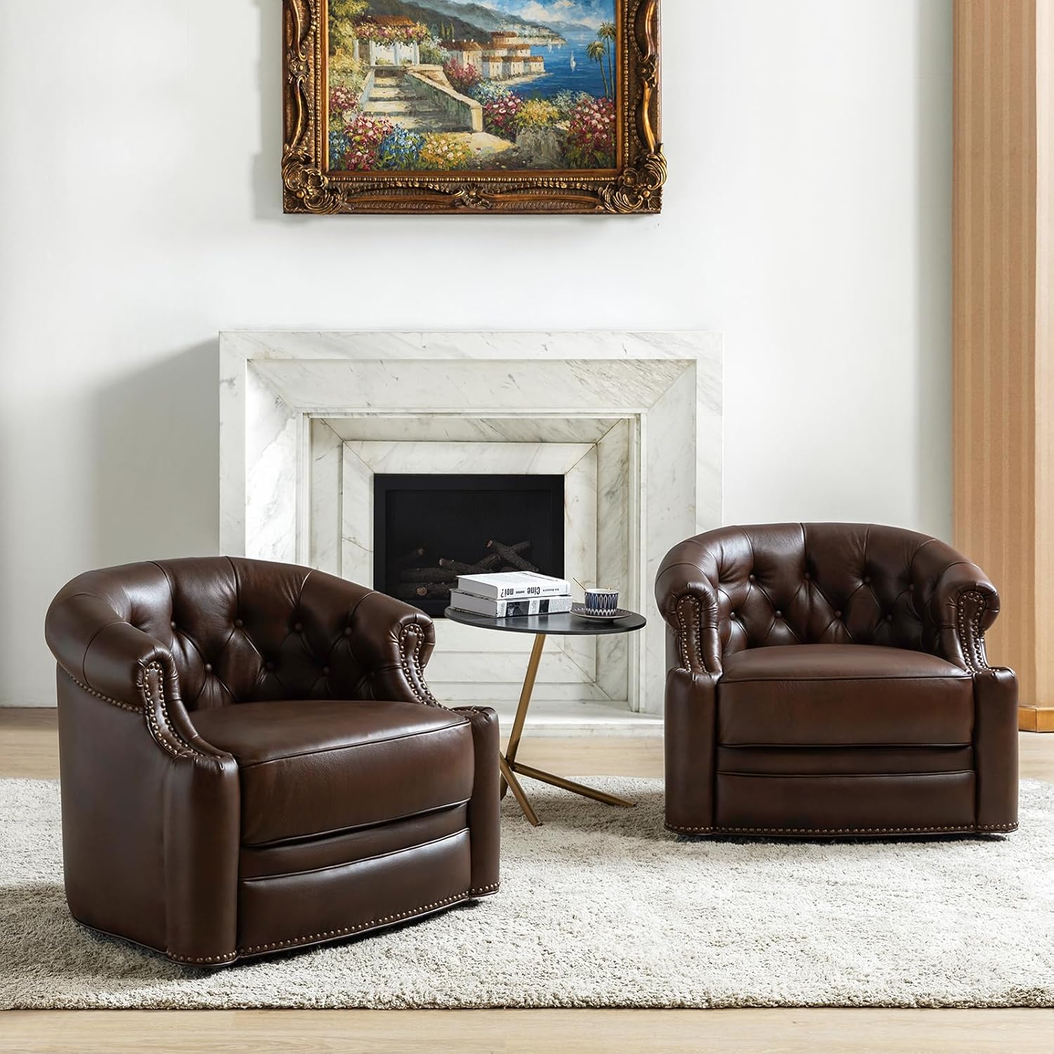 HULALA HOME Genuine Leather Swivel Accent Chairs Set of 2 with Solid Wood Frame, Top-Grain Leather Swivel Barrel Chairs, Chesterfield Armchairs with Removable Seat Cushion, Fully Assembled, Chocolate