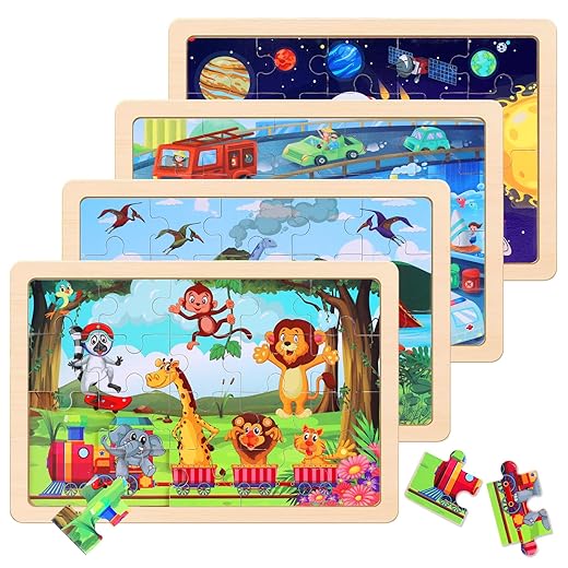 Wooden Educational Jigsaw Puzzles for Preschool Kids Ages 3-5, 4-Pack with 20 Pieces Dinosaur, Space, Transportation Wood Puzzles Set, Toddler Brain Teaser Toys, Gifts for Boys Girls Ages 3 4 5 6
