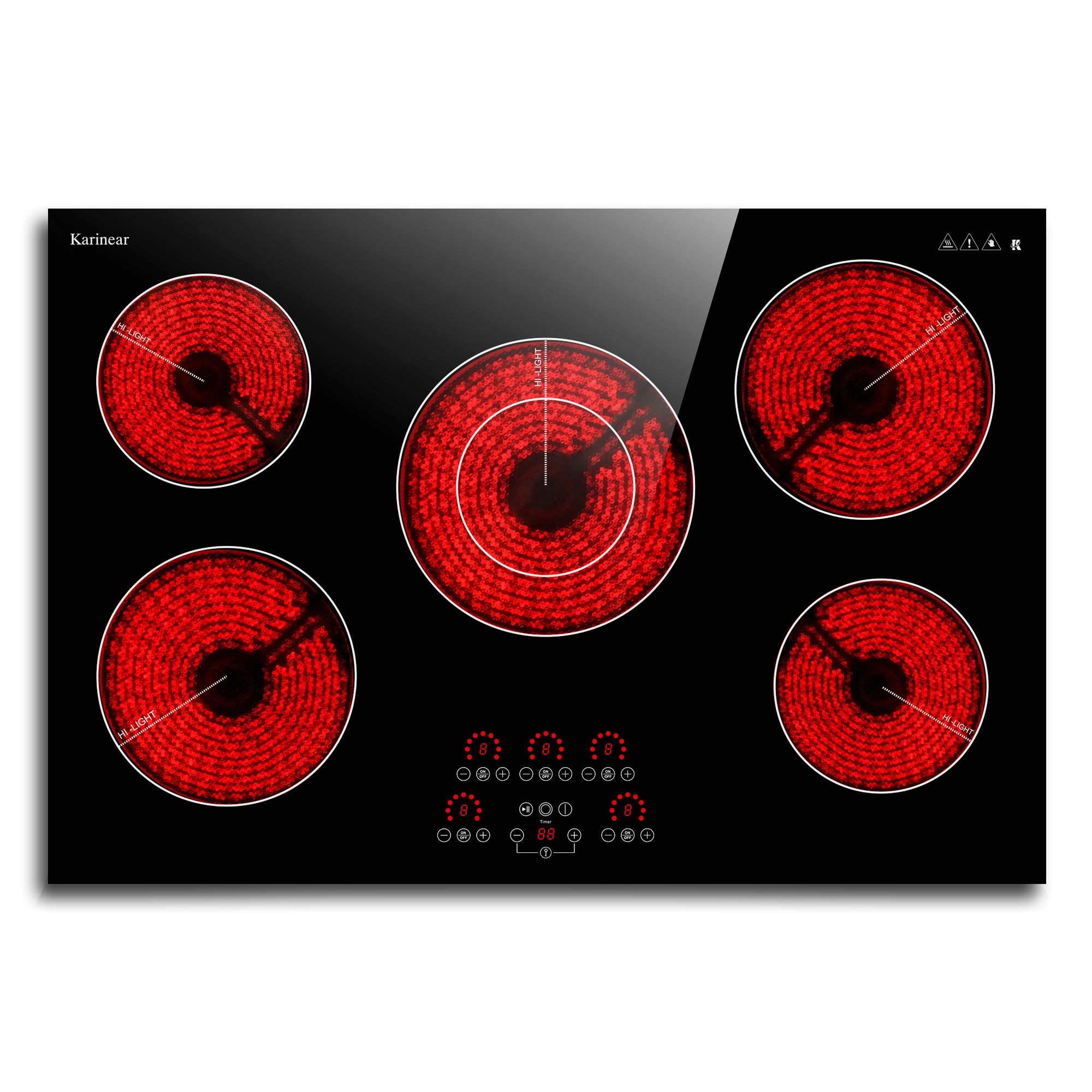 Karinear Glaskeramikkochfeld 5 Platten, 5 Herdplatten Kochfeld mit erweiterbarer Doppelzone, 8700W, 77CM Autarkes Kochfelder Keramik, Unabhängige Touch-Steuerung, Digitalanzeige, 40A, 240V