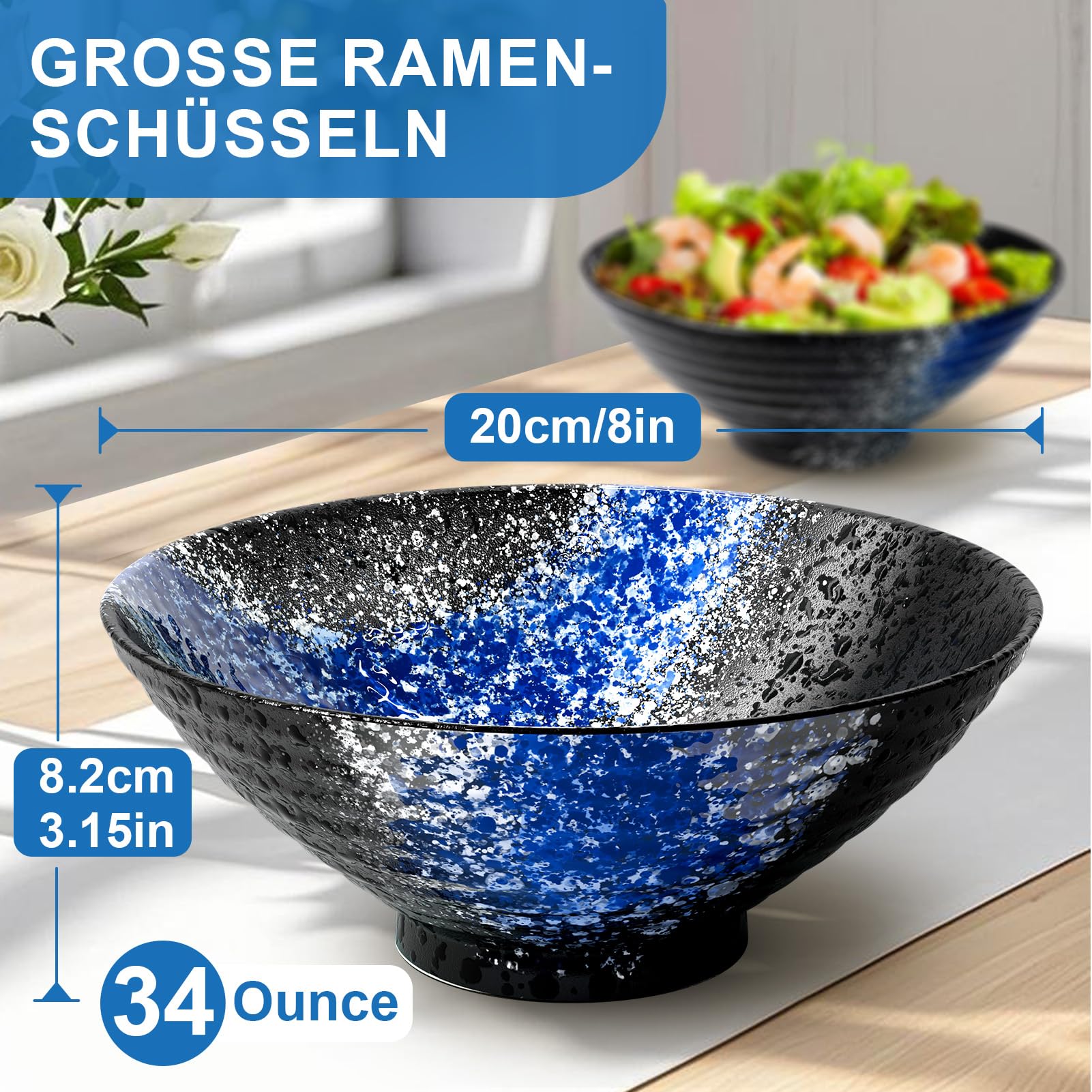 8 Zoll Ramen Schüssel Set 4 Japanisches Keramik Bowl Suppenschalen 16 Stück | Geschirr mit Stäbchen Gabeln Löffeln für Nudeln Suppen Salat Pho Müsli Mikrowelle Spülmaschinenfeste Geschenke für Mann Frau