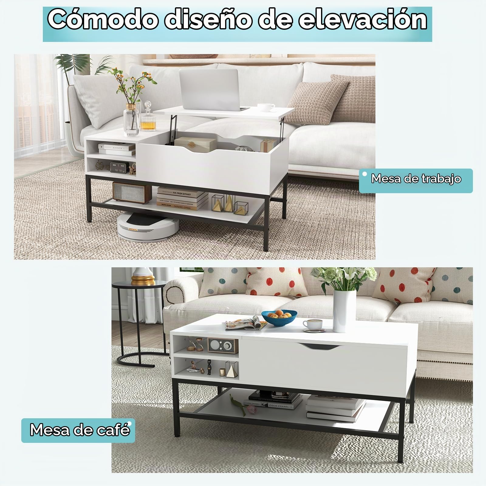 LIFEZEAL Mesa de Centro elevable, Mesa de salón con Compartimento Oculto, Mueble de salón con Estructura de Metal, Estante de Almacenamiento extraíble, 100 x 49,5 x 47,5 cm (Blanco)