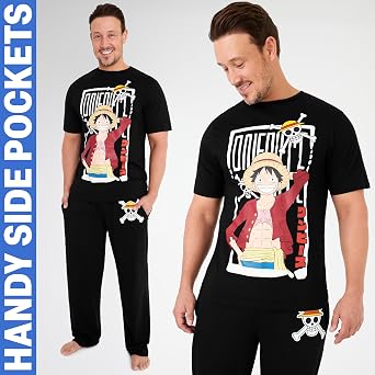 One Piece Pyjamas Set for Men Teens & Boys, Black Cotton T-Shirt & Bottom, Nightwear Loungewear Clothes, Manga Anime Gifts