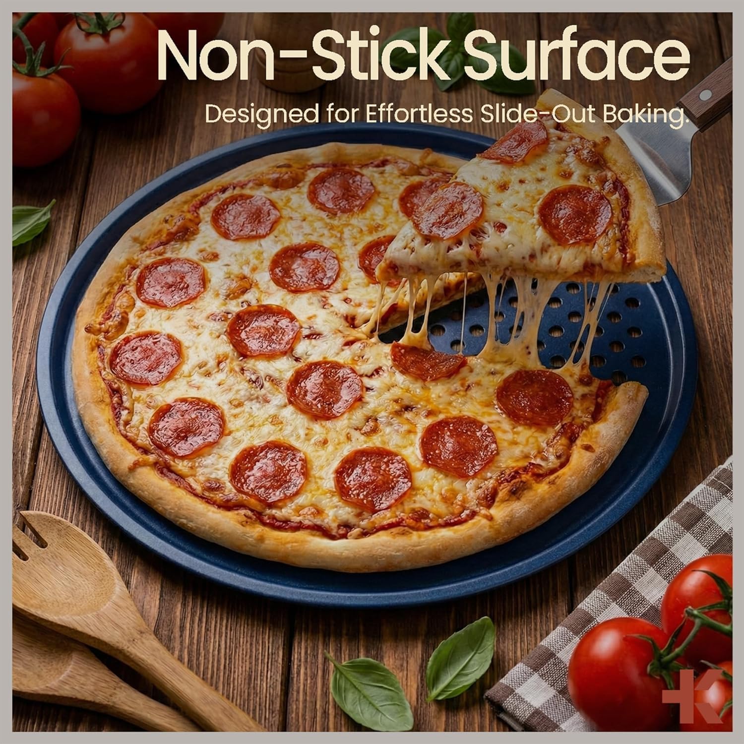 Bakken Pizza Baking Pan - Round Perforated Carbon Steel Pan with Non-Stick Marble Coating, Oversized Silicone Handle, Dishwasher Safe, High-Temperature Resistant, Durable & Easy Cleanup - Blue, 2 Pack - Image 3