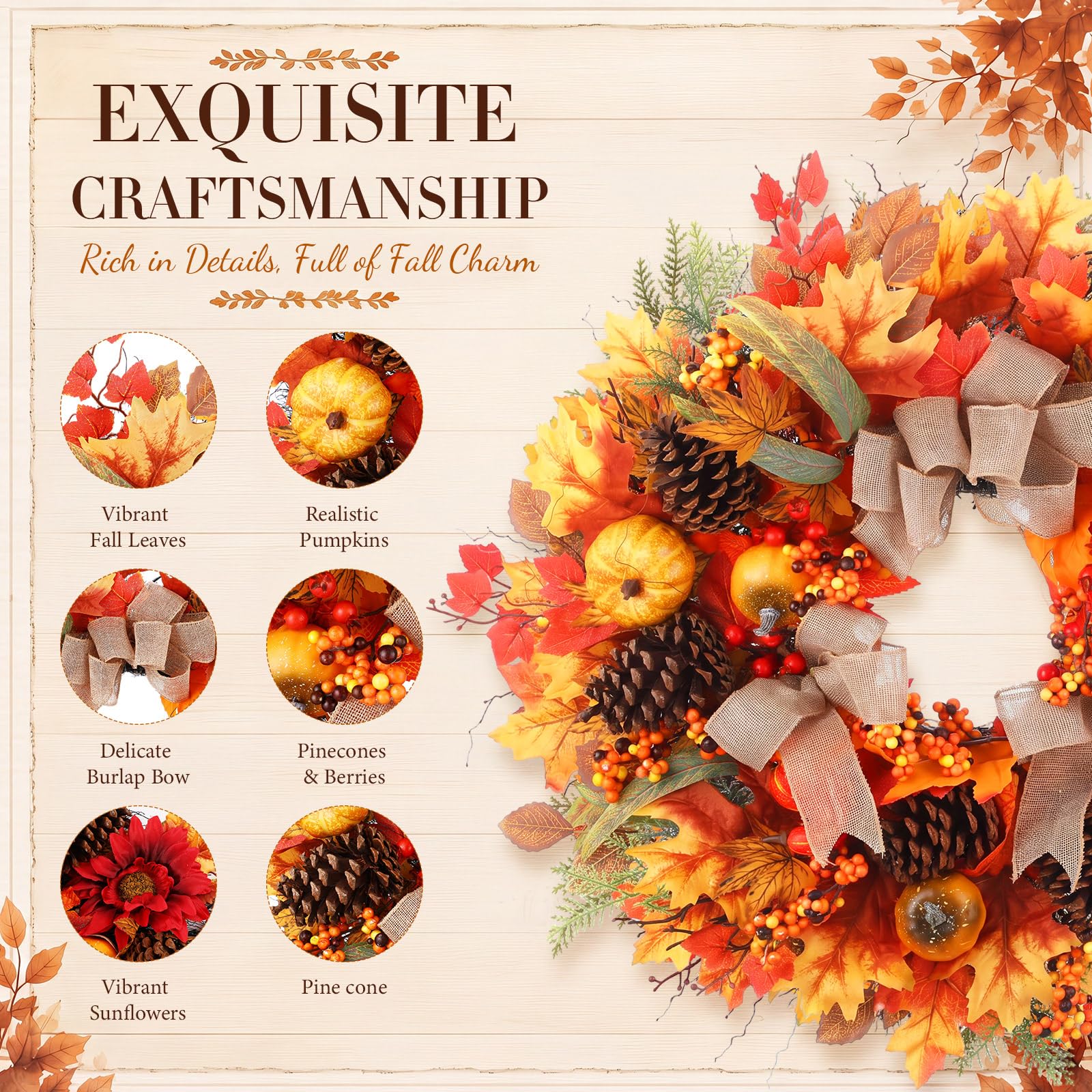 Thiccywoov Couronnes d'automne pour porte d'entrée de 71,1 cm, couronne de feuilles d'érable artificielles avec citrouilles, baies, pommes de pin, décorations de porte pour mur, porche, maison
