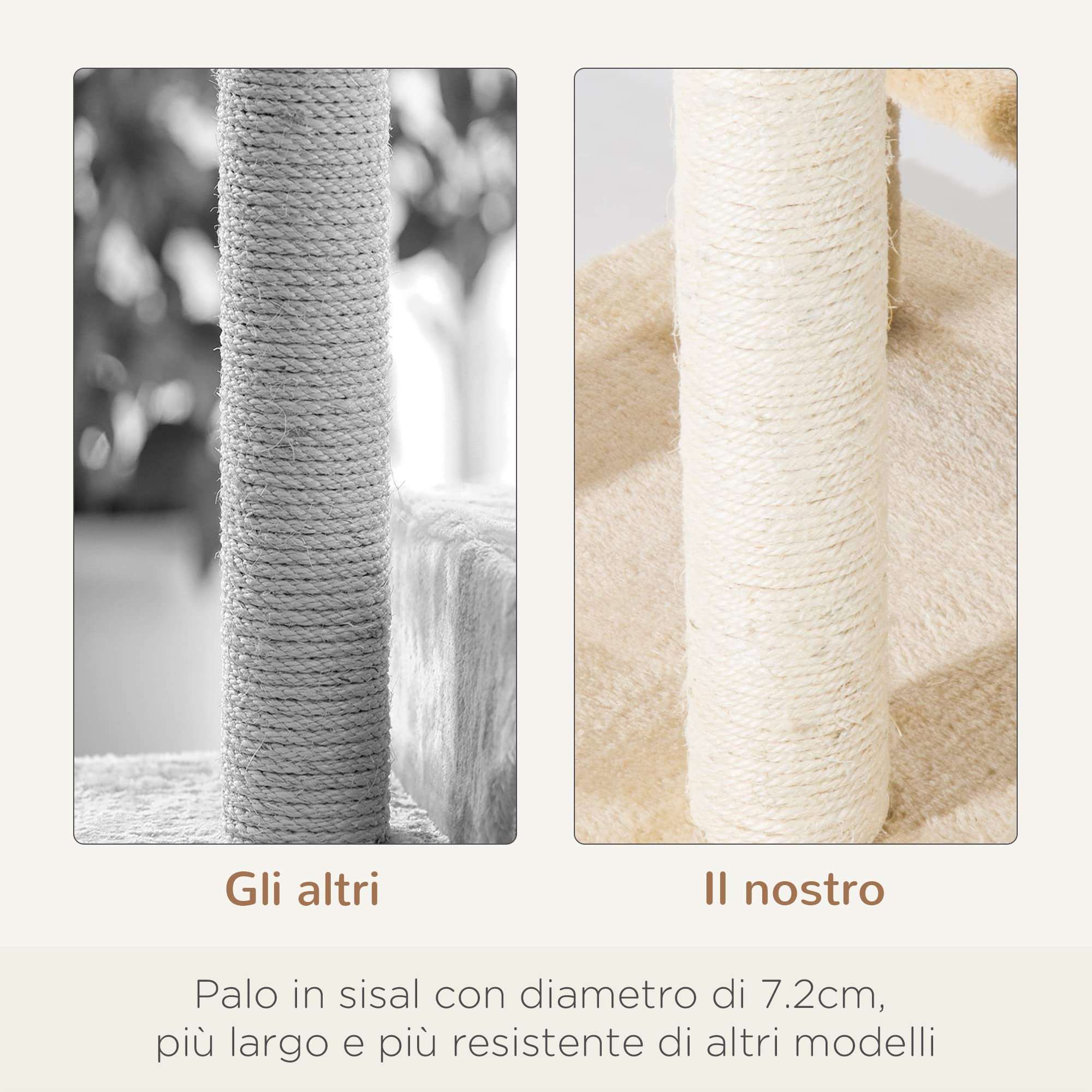 PawHut Trespolo per Gatti Multilivello con Tiragraffi in Sisal, Albero per Gatti con Piattaforme e Cuccia in Peluche Beige, 50x50x100cm