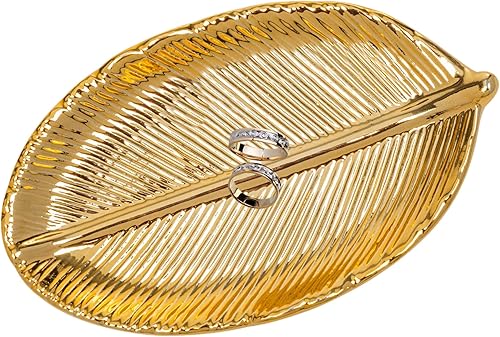 DudWocy Bandeja de joyería con forma de hoja dorada, plato de cerámica para anillos de metal, soporte para platos de baratijas para bodas, fiestas,