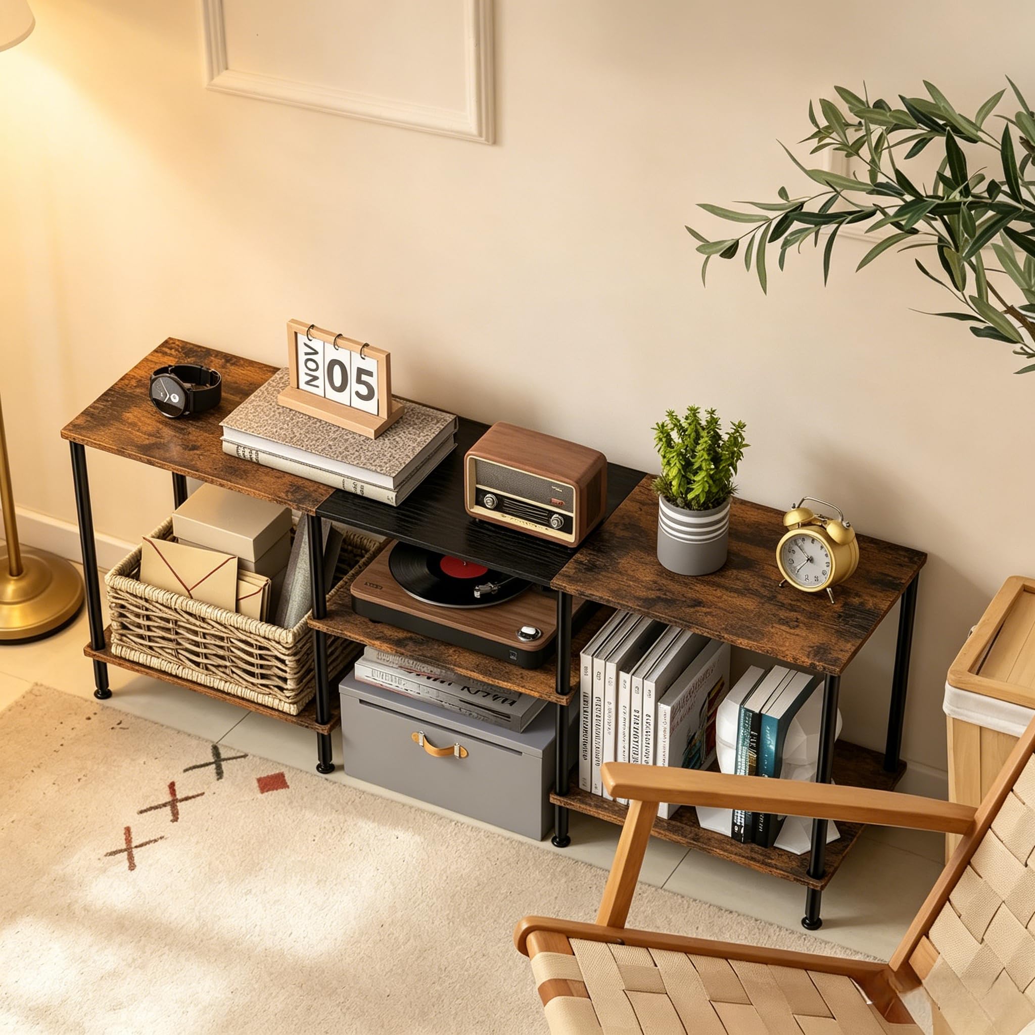 TV Schrank Ständer 3-Stufiges Regal TV-Schrank Freistehend für 50-Zoll-Fernseher Fernseher Schrank mit Verstellbare Standfüße TV Möbel Rustikaler für Wohnzimmer Schlafzimmer Hotels (Braun)