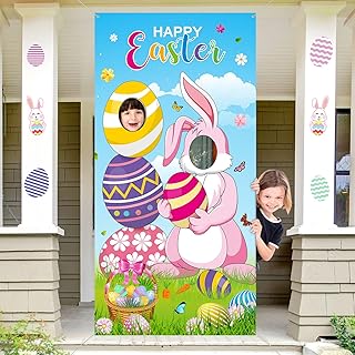 Tatuo Easter Party Decorations Easter Bunny Photo Door Banner Large Fabric Happy Easter Backdrop Photo Prop Funny Eggs Bunny Face in Hole Game for Easter Party Supplies, 6 x 3 Feet