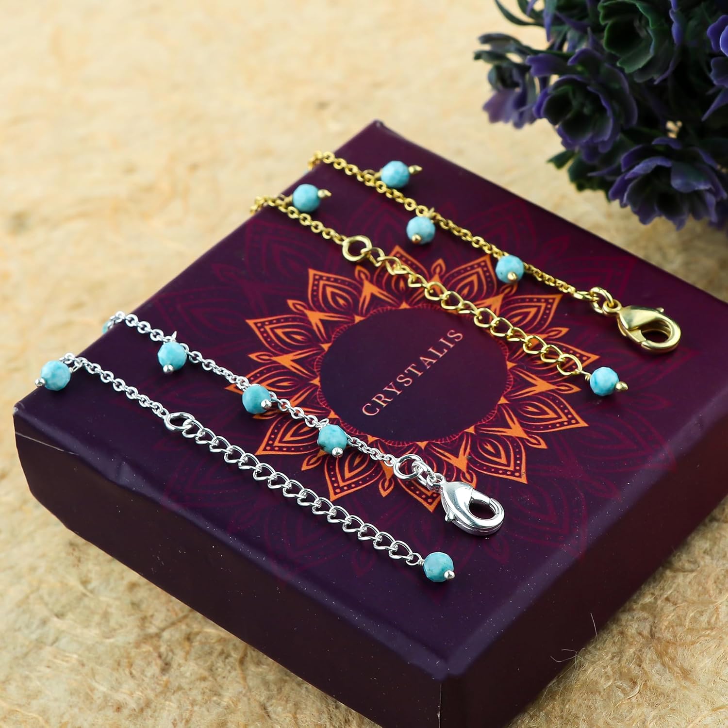 JOR Natural Larimar Beaded Rosary Anklet, Handmade Craft, Anklet Beads Bracelet, Chakra Healing, Gemstone Women Jewelry, Dainty Gold and Silver Plated Combo Anklet 9 inch + 1.5 inch (2pcs) - Image 4