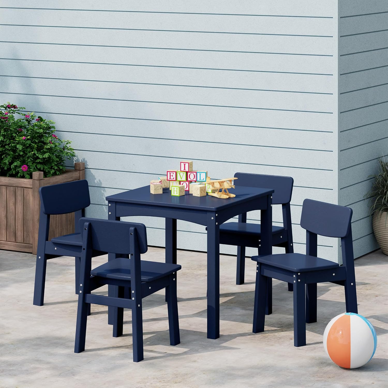 WestinTrends Treehouse Kids 5-Piece Modern HDPE Dining Table and Chairs Set, Navy Blue