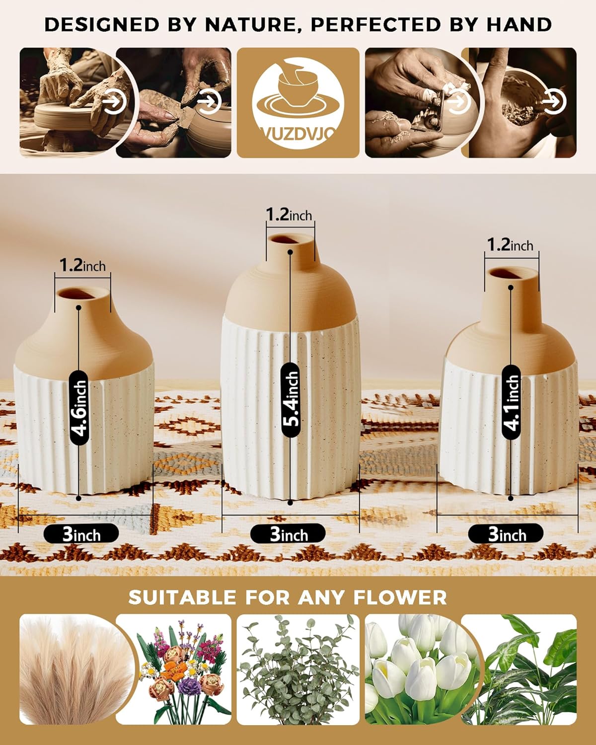 Beige Decorative Vase Set of 3 - Modern Boho Style Ribbed Ceramic Bud Vases for Flowers, Mini Small Vases for Shelf, Shelves, Bookshelf, Entryway Table & Home Decor Aesthetic (Beige White) - Image 7