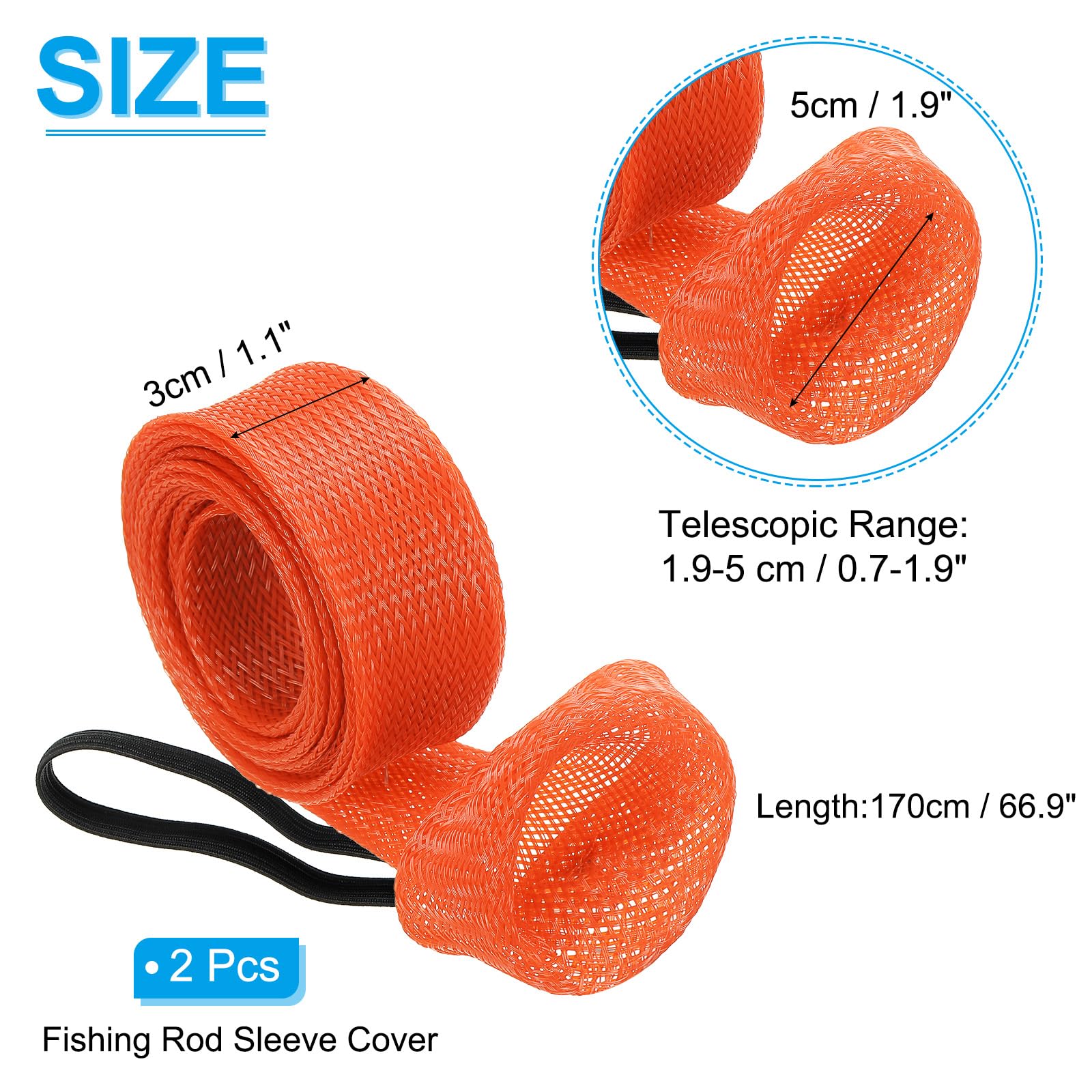 PATIKIL 67 Inch Rod Sock, 2 Pcs Fishing Rod Sleeve Cover Braided Mesh Pole Protector Gloves Fishing Tools Pointed End for Spinning Fishing Rod Fly Rod Ice Rod Casting Rod, Orange - Image 2
