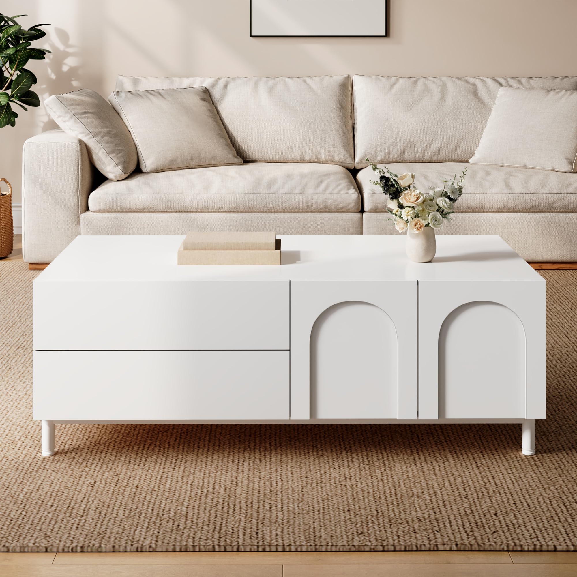 Mesa de centro de almacenamiento, mesa rectangular de salón, mesa de centro con puertas arqueadas, mesa de aglomerado+MDF, mesa con patas de acero tubular, mesa de almacenamiento para sala de