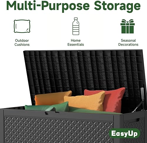 Vista 27 de EasyUp Caja de almacenamiento para exteriores de 230 galones, impermeable, resistente a los rayos UV, con varilla hidráulica, estabilidad reforzada