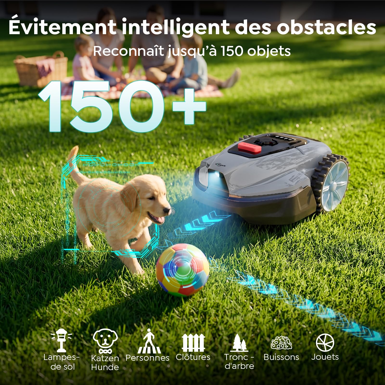 YARDCARE V3 Robot Tondeuse sans câble périphérique, avec Navigation visuelle, détection 150+ Obstacles, contrôle Via appli, 50 DB, Robot Tondeuse pour Petits et Moyens Jardins, Bandes magnétiques