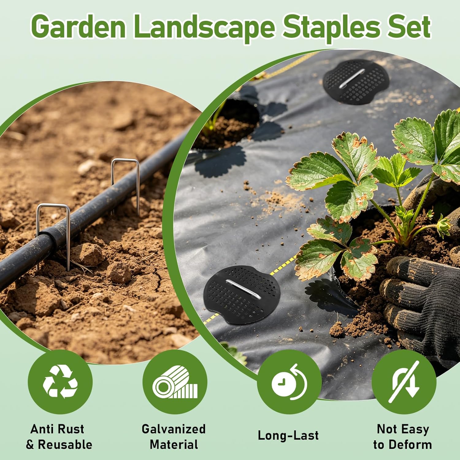 200Pcs Garden Stakes Staples Kit, 100Pcs 6 Inch U-Shaped Landscape Staples, 100Pcs Fixing Gasket for Weed Barrier Fabric, Ground Cover, Holding Fence and Artificial Turf