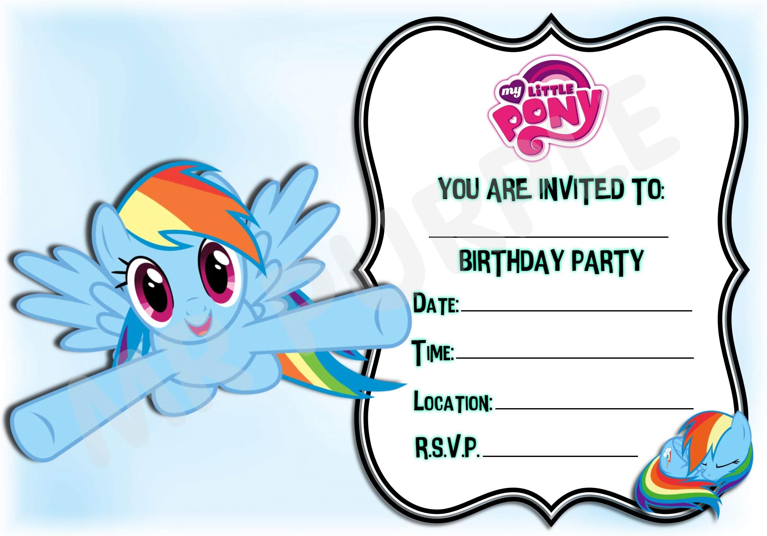 My Little Pony Birthday Party Invites - Rainbow Dash Frame Design Party Decorations/Accessories (Pack of 12 A5 Invitations) (with Envelopes)