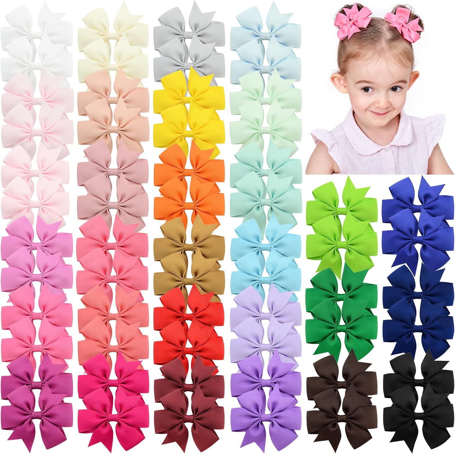 Choicbaby 60pcs 3 Inches Boutique Grosgrain Ribbon Pinwheel Hair Bows for Baby Girls, Toddler Bows Hair Clip Birthday Gifts In Pair