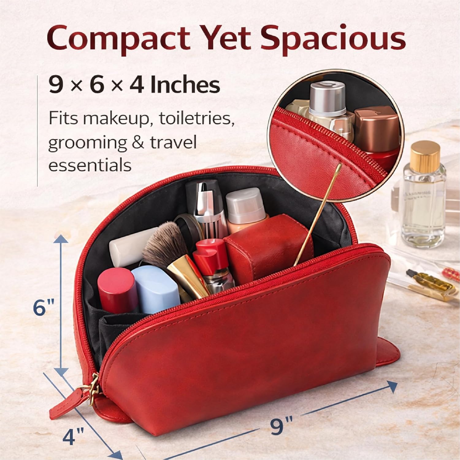 Genuine Leather Toiletry Bag for Men & Women, Leather Makeup Bag, Travel Dopp Kit Organizer with YKK Zipper, Handmade Cosmetics Case for Toiletries & Makeup (9 x 6 x 4 Inch) - Image 3