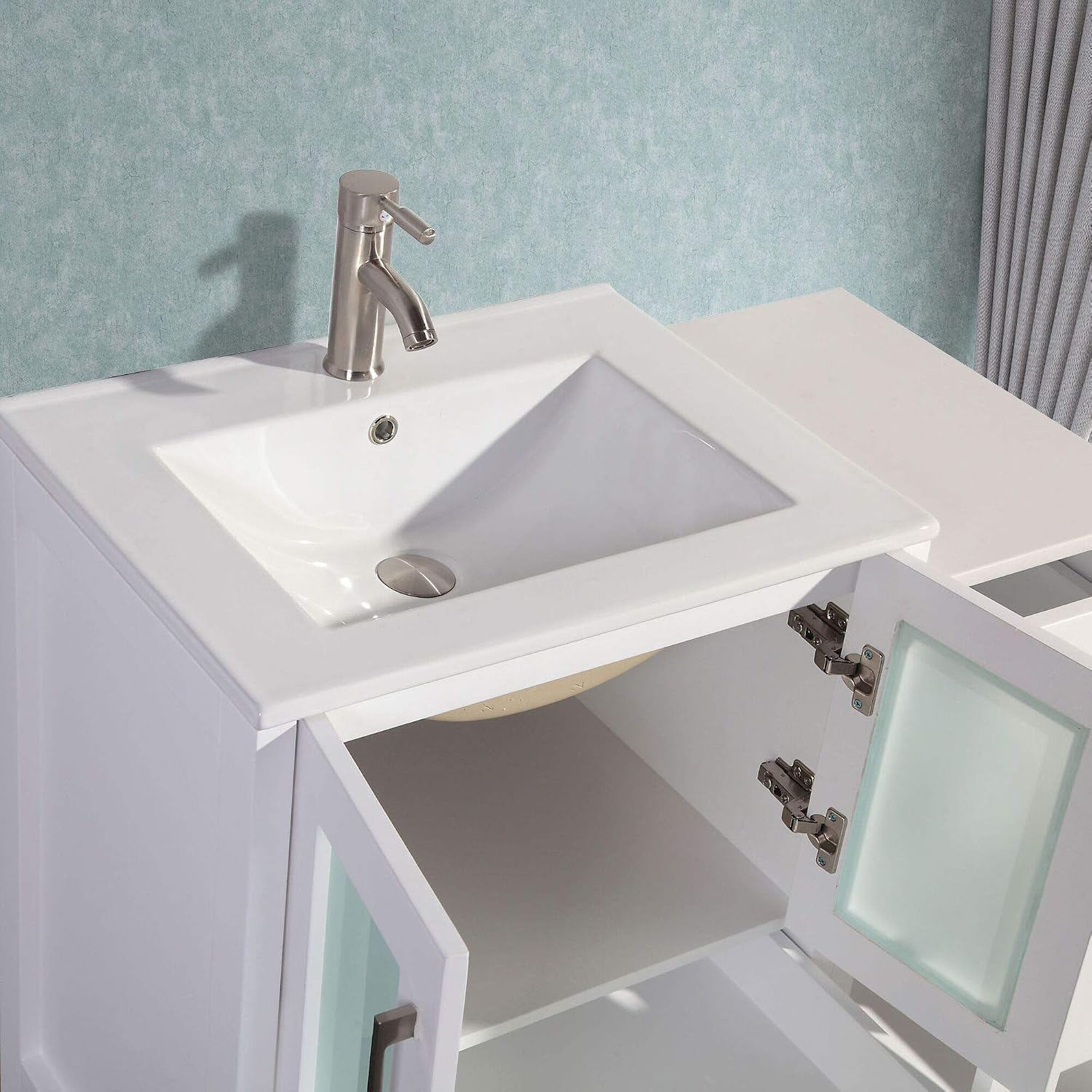 Vanity Art 36 Inch Under Mount Single Sink Bathroom Vanity Cabinet with 1 Mirror, Ceramic Top Bathroom Cabinet Compact Set with 5 Dovetail Storage Drawers and Brushed Nickel Handles, VA3024-36-W