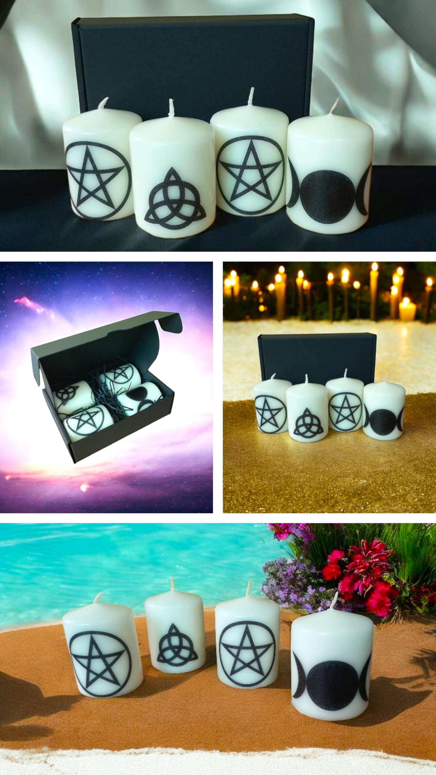 Pillar unscented Wax Candle Set of Four Witchy Pentagram Goddess Triple Moon Triquetra Symbol Decoration Magic Spell Relax Meditation Home Decor - Image 4