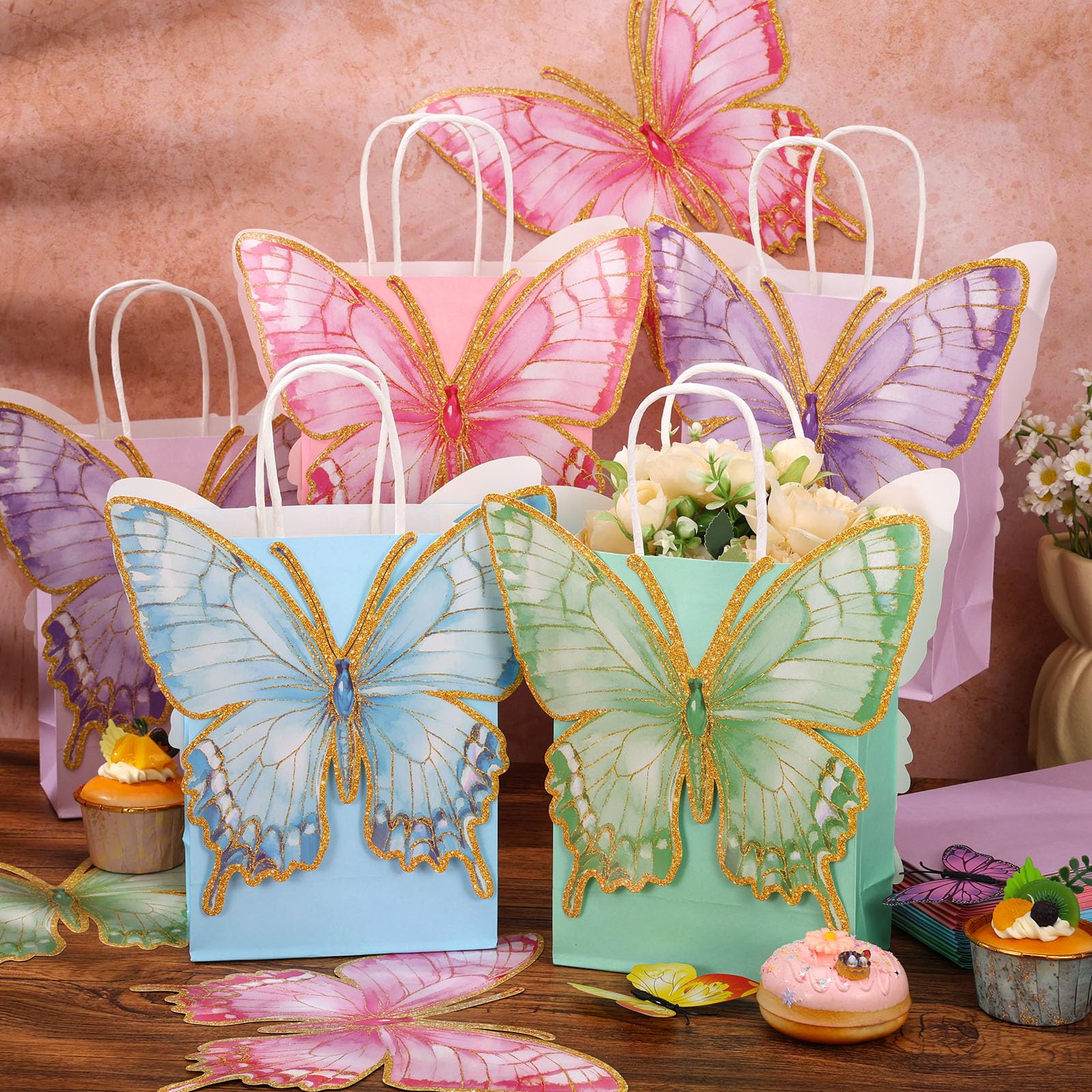 Booson 24 PCS Butterfly Paper Party Bags with Twisted Handles Blue Pink Purple Green Party Favor Bag with Adhesive Dots Paper Treat Candy Goodie Bags for Birthday Bridal Showers Decoration Supplies