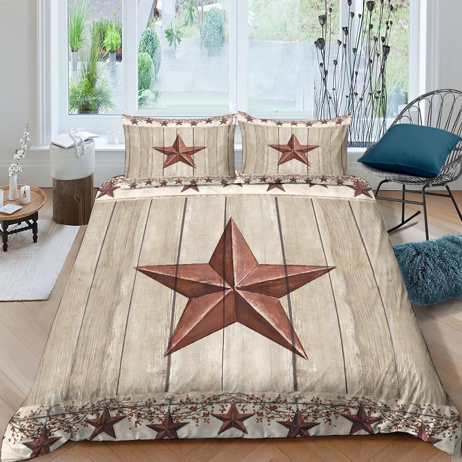 Ctjqhvkz Style-8 3D Printed Rustic Star Fitted Sheet Microfiber Non-Slip Bed Cover Western Barn Mattress Decor For Bedroom Guest Room Single（135X200cm）