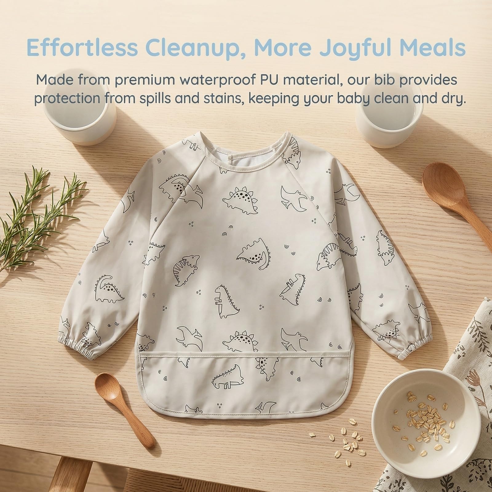 2 Piezas Babero con Mangas Impermeable, 42x37cm, Baberos Bebe 6-24 Meses de PU Lavable, Delantal Infantil con Bolsillo Grande y Cuello Elástico, para Alimentación y Pintura, Accesorios de Guardería — view 7
